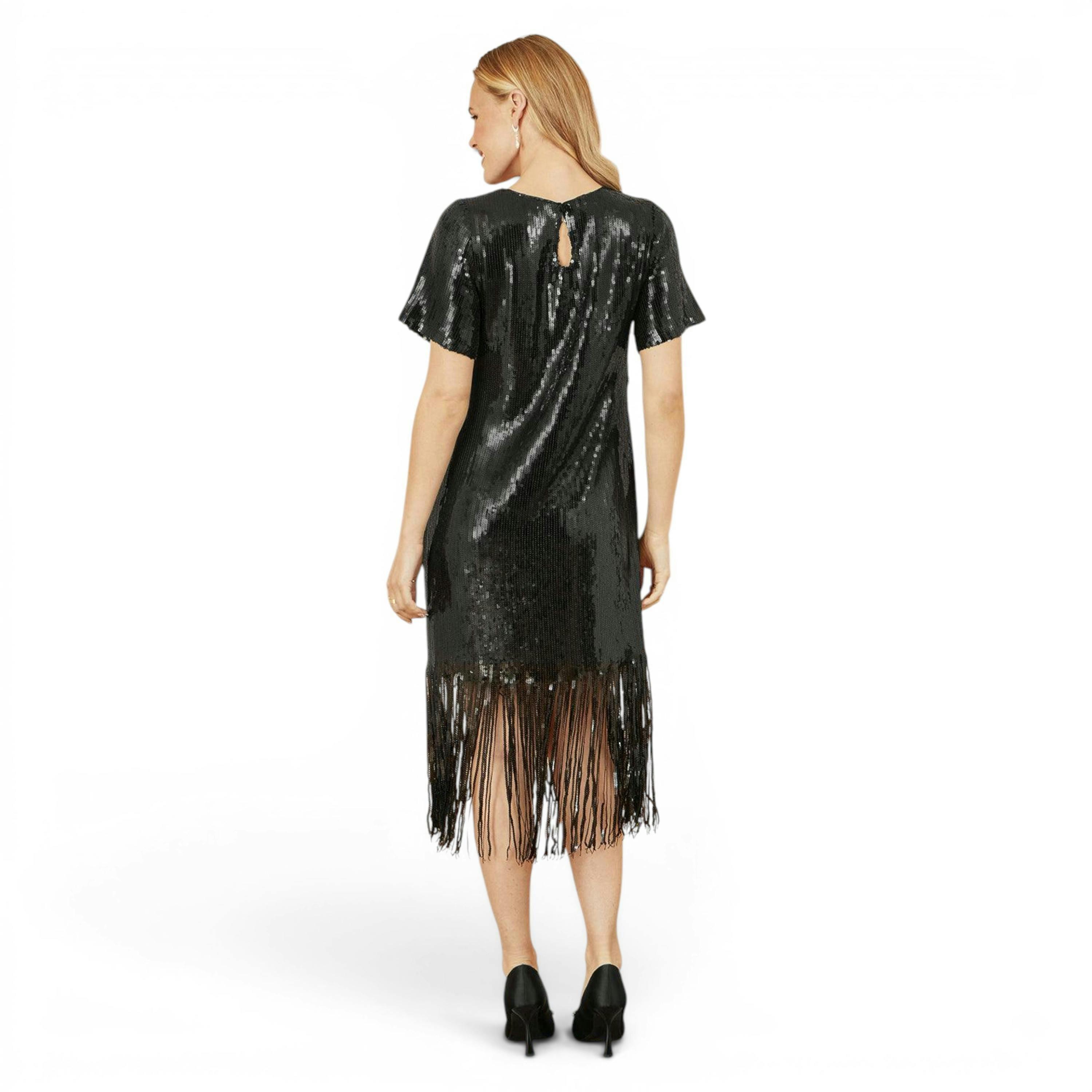 Yumi Black Sequin Tassels Hem Midi Tunic Dress , view 5 of 6