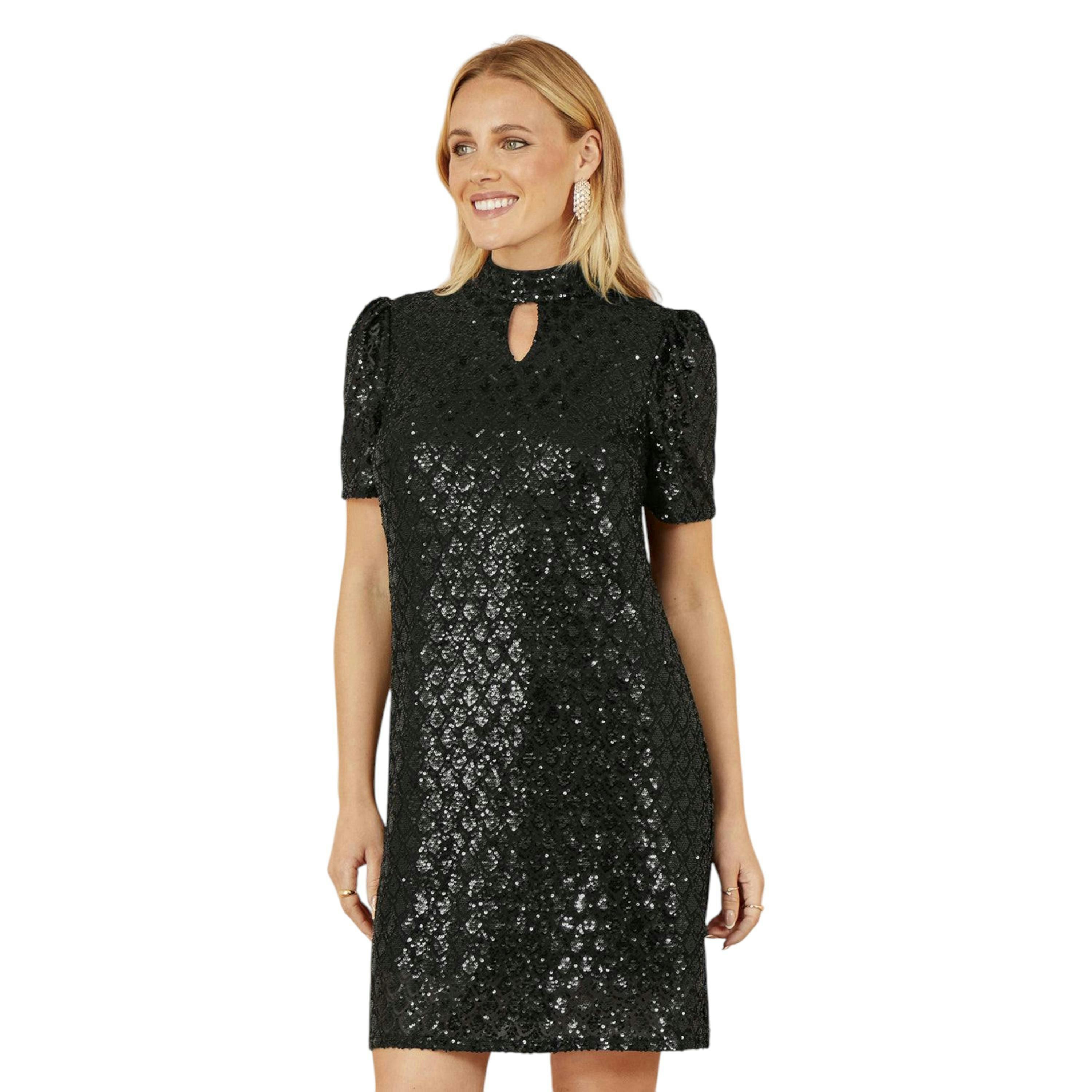 Yumi Black Sequin Tunic Dress with Chevron Pattern & Keyhole Neckline , view 1 of 6