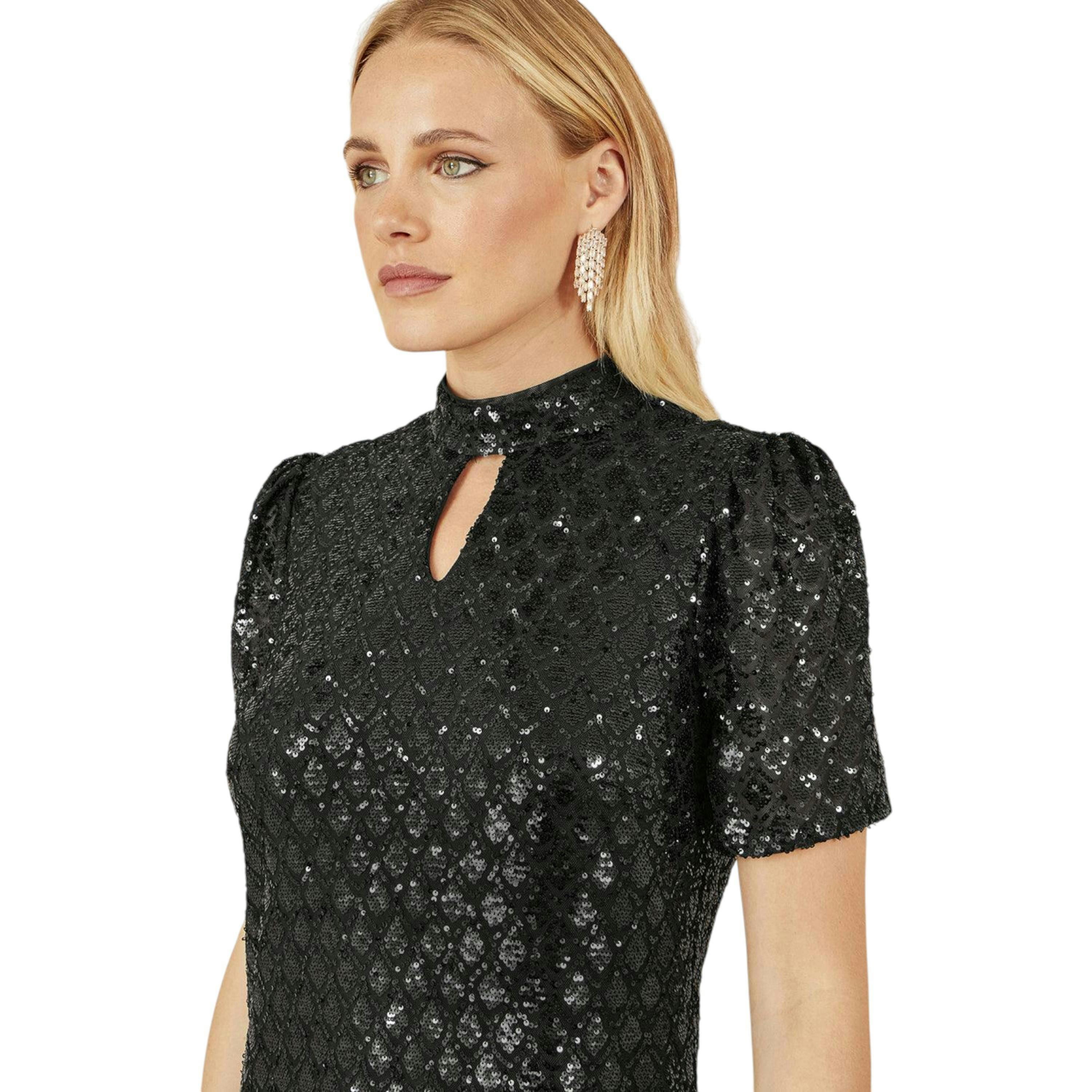 Yumi Black Sequin Tunic Dress with Chevron Pattern & Keyhole Neckline , view 2 of 6
