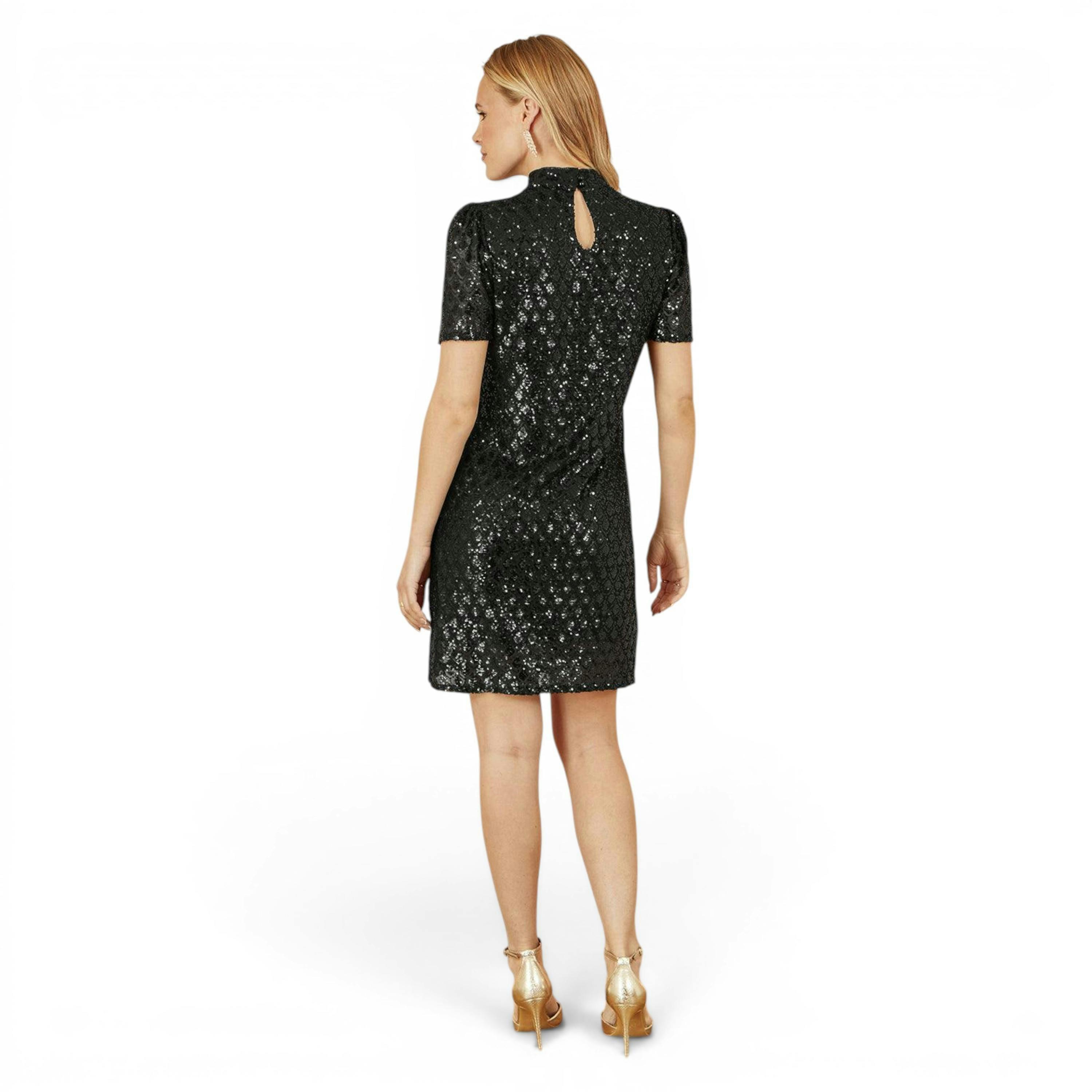 Yumi Black Sequin Tunic Dress with Chevron Pattern & Keyhole Neckline , view 4 of 6