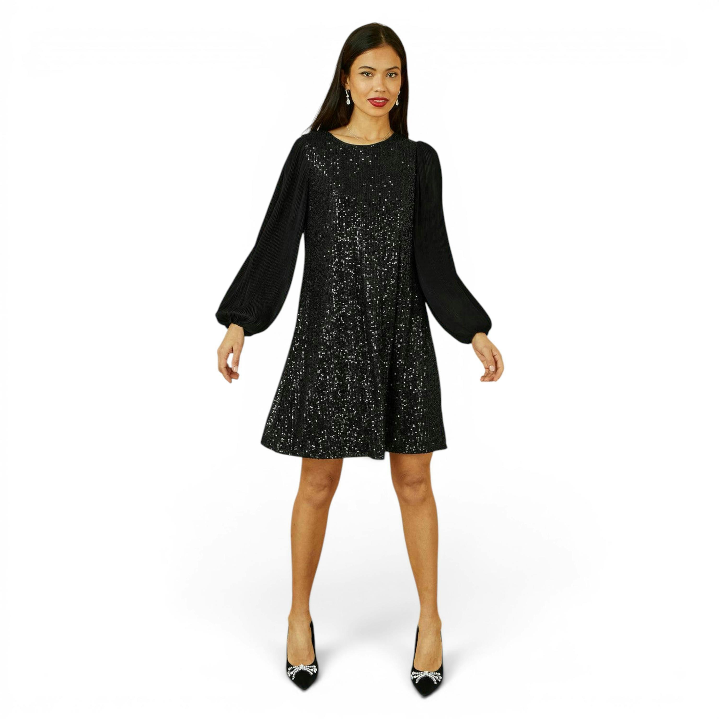 Yumi Black Velvet Sequin Tunic With Long Pleated Sleeves , view 1 of 6