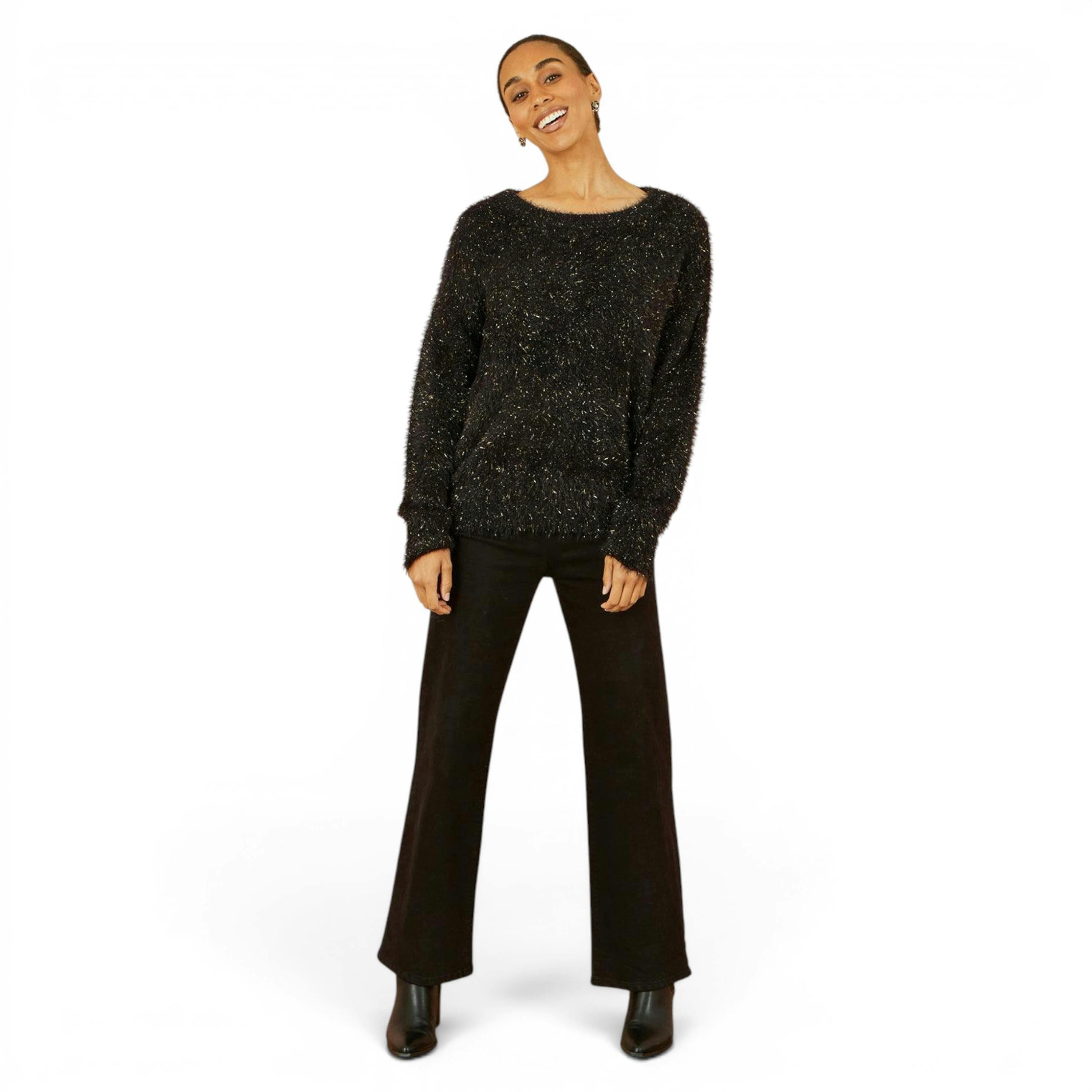 Yumi Black Metallic Fluffy Eyelash Relaxed Jumper , view 2 of 5