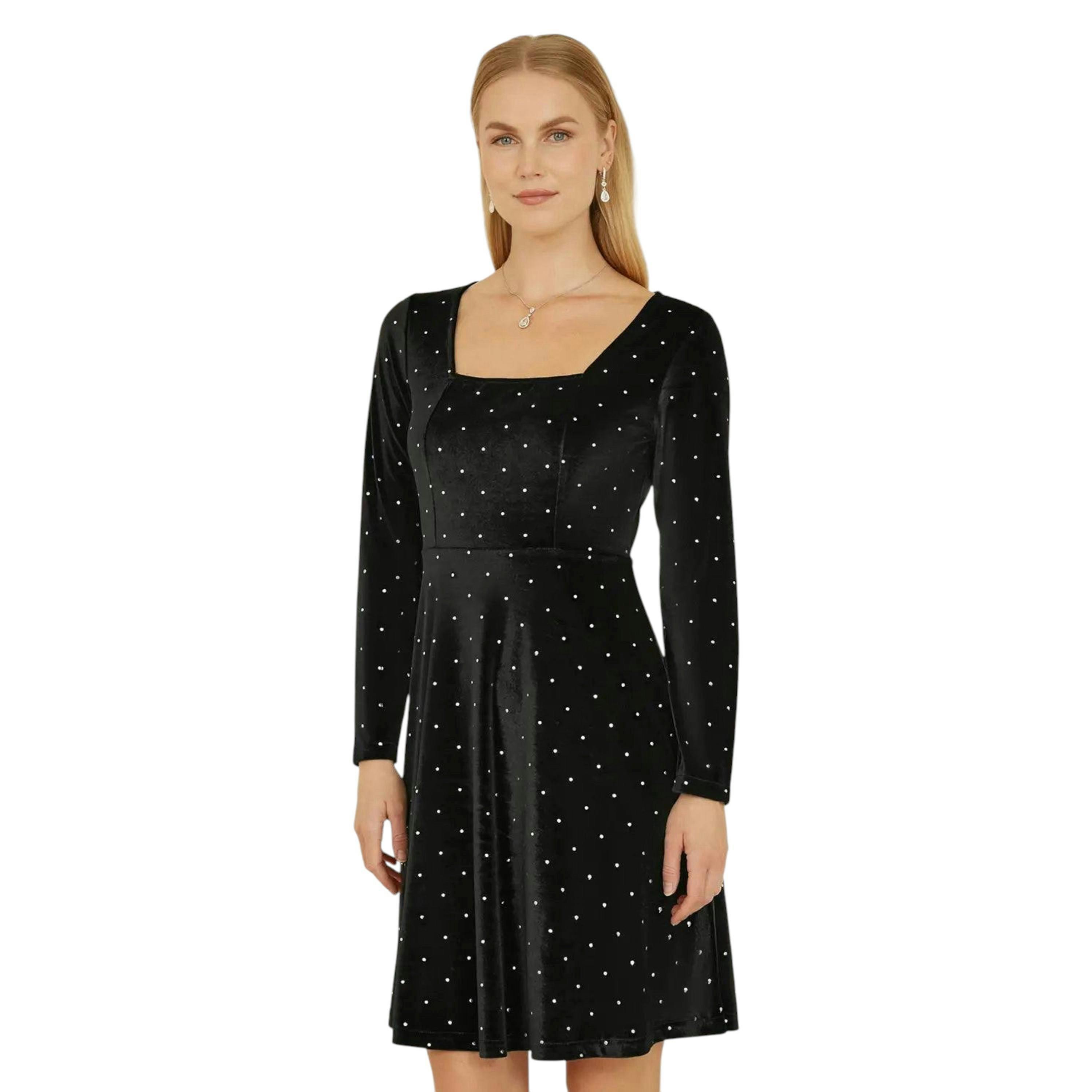 Yumi Black Skater Dress With Diamantes and Long Sleeve , view 1 of 4