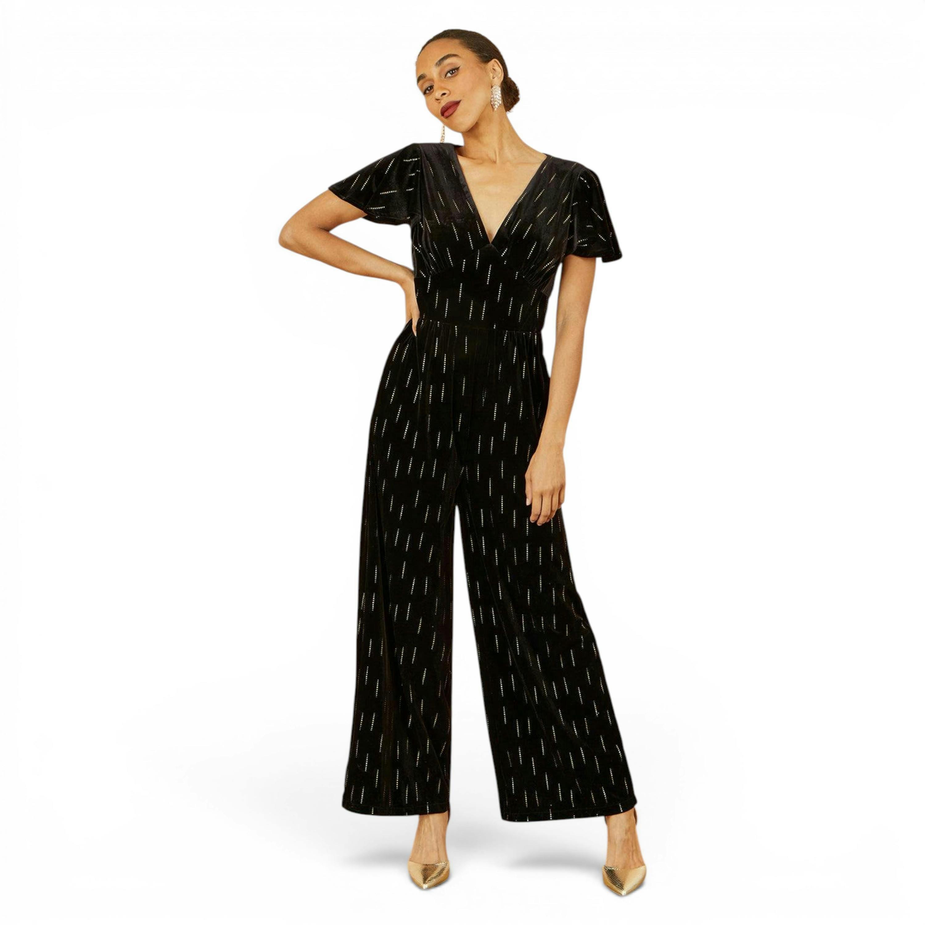Yumi Black Foil Print Velvet Jumpsuit , view 1 of 6
