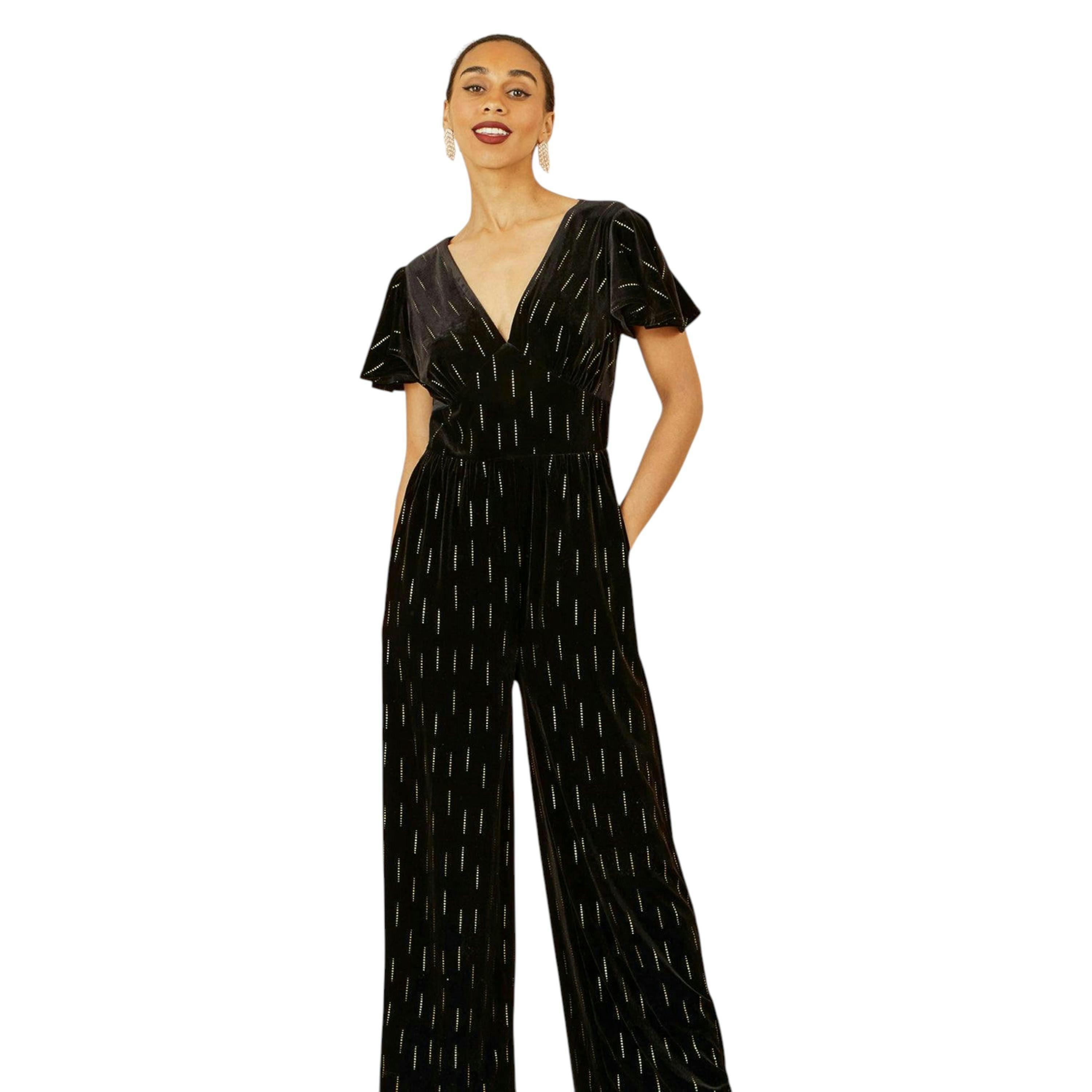 Yumi Black Foil Print Velvet Jumpsuit , view 2 of 6
