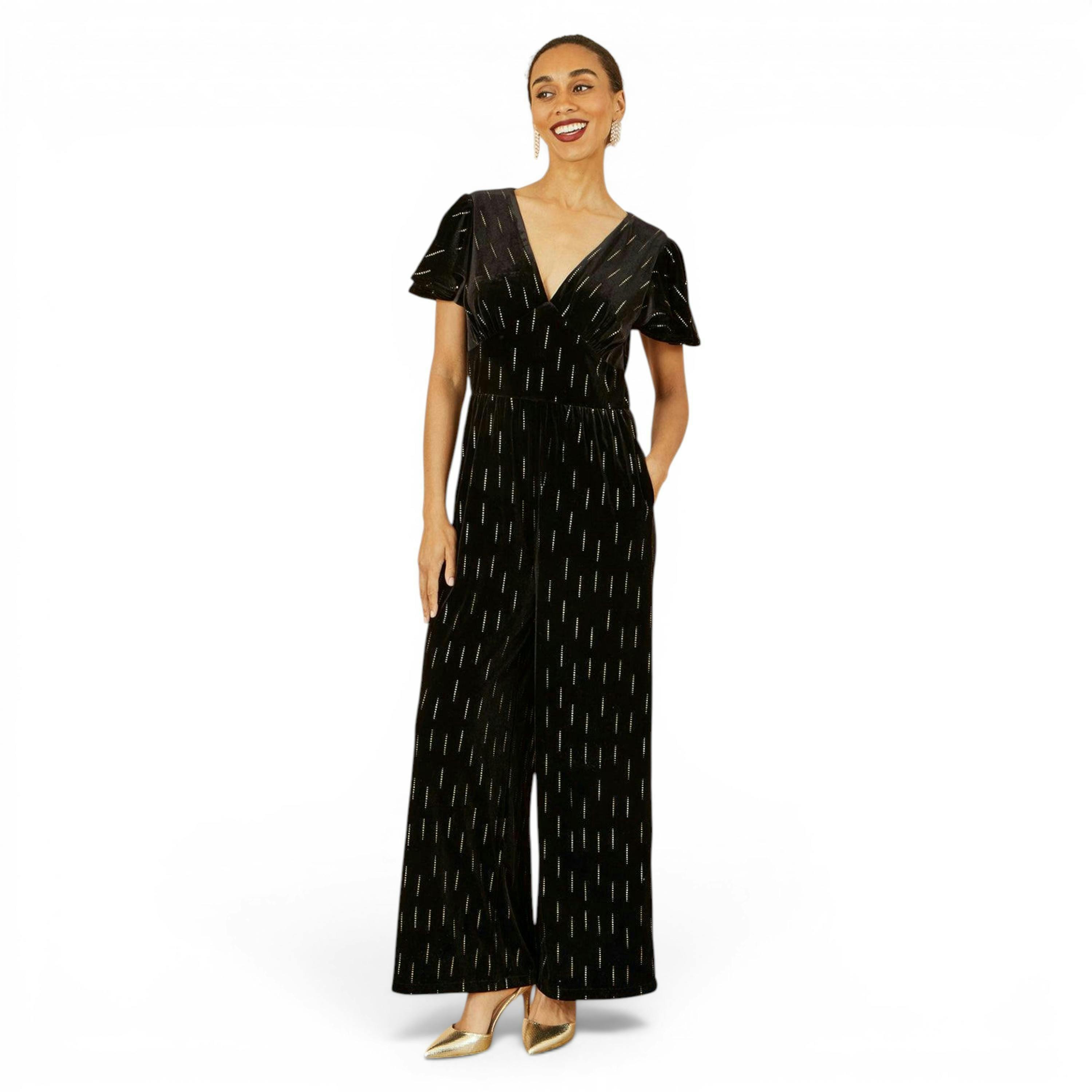 Yumi Black Foil Print Velvet Jumpsuit , view 6 of 6
