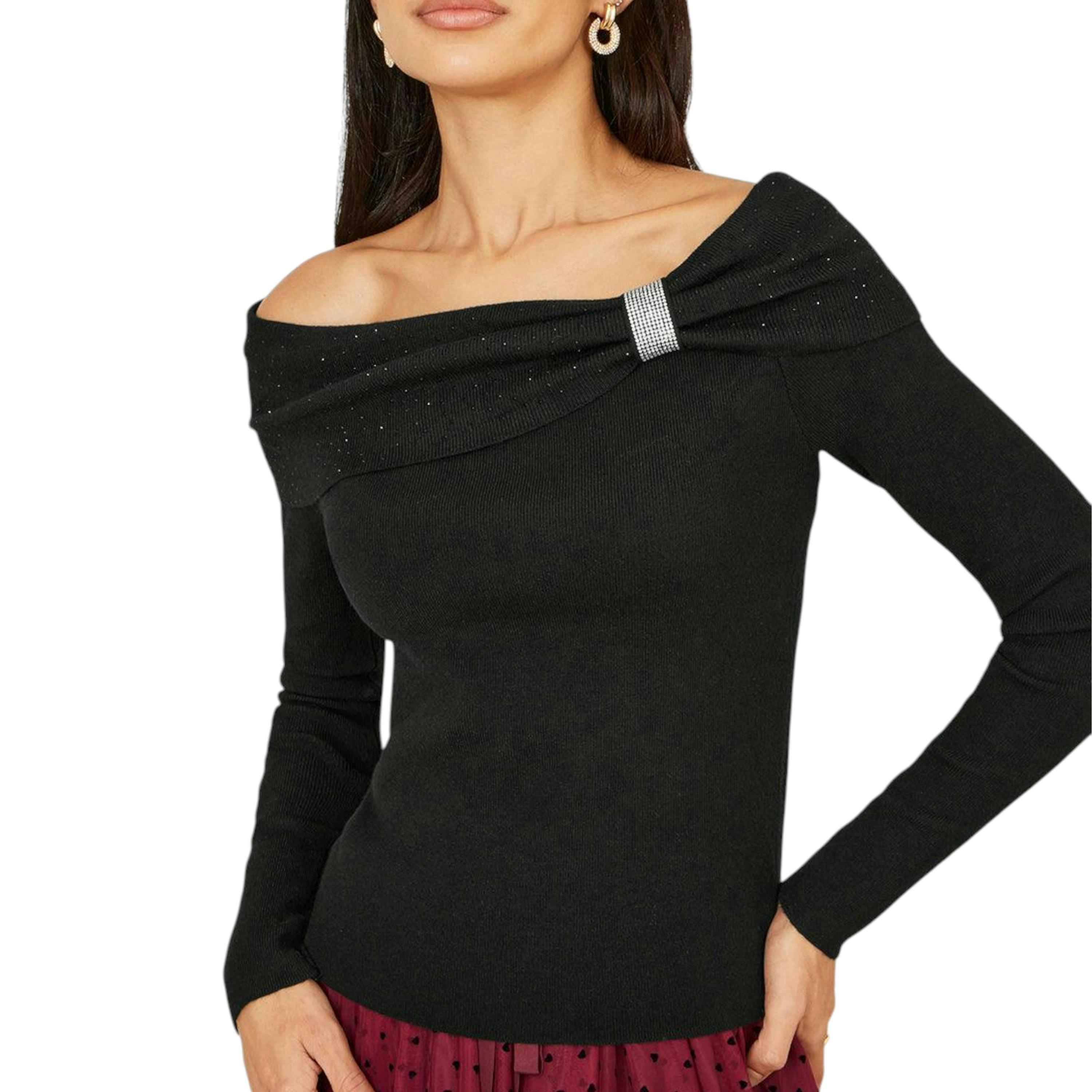 Yumi Black Sparkle Bardot Jumper With Diamante Detail , view 1 of 5
