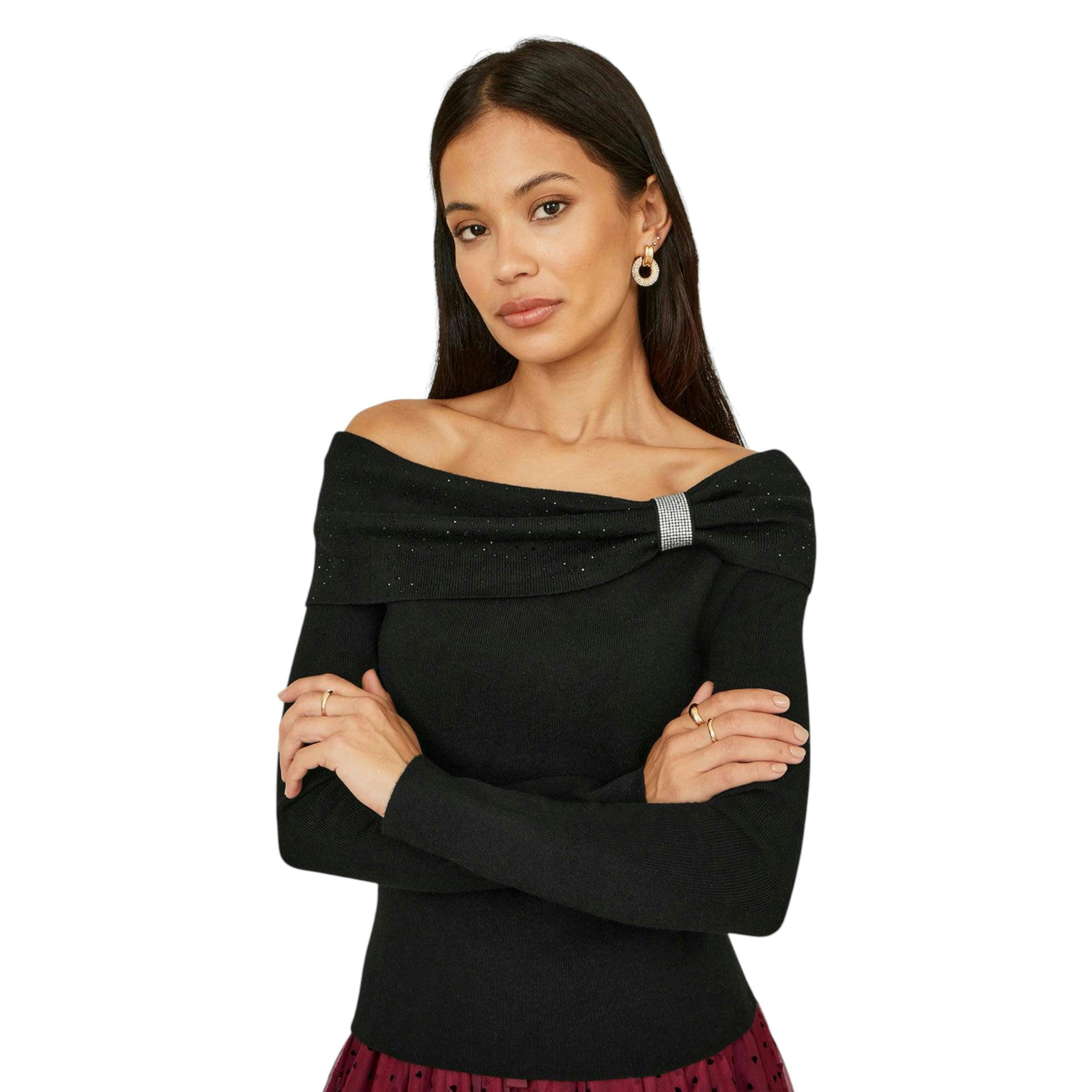 Yumi Black Sparkle Bardot Jumper With Diamante Detail , view 3 of 5