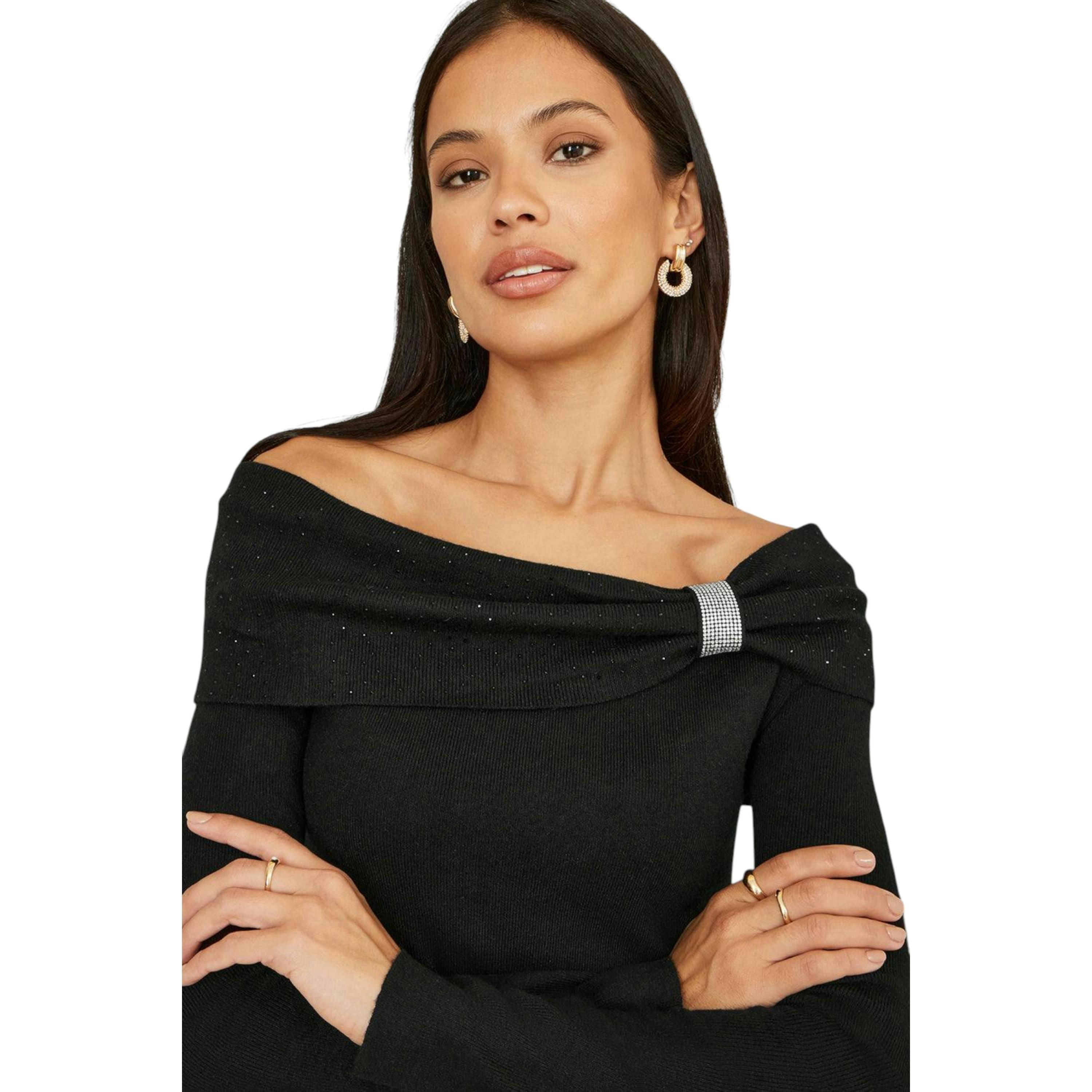 Yumi Black Sparkle Bardot Jumper With Diamante Detail , view 5 of 5