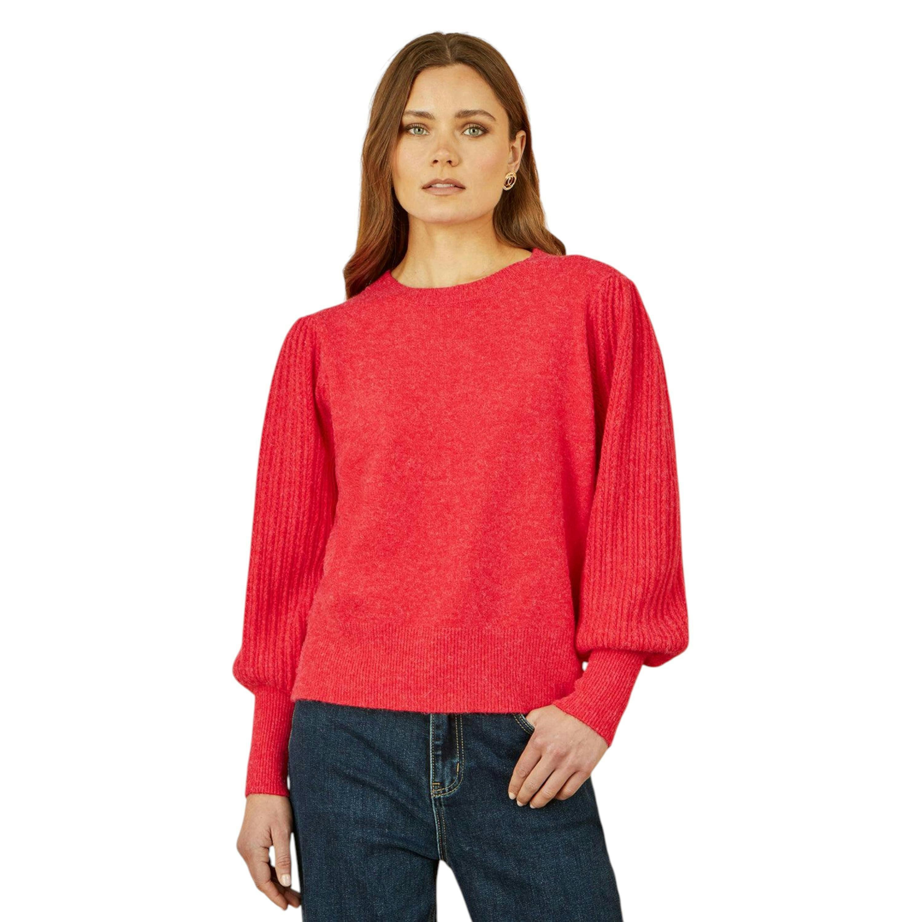 Yumi Red Knitted Balloon Sleeve Textured Jumper , view 1 of 5