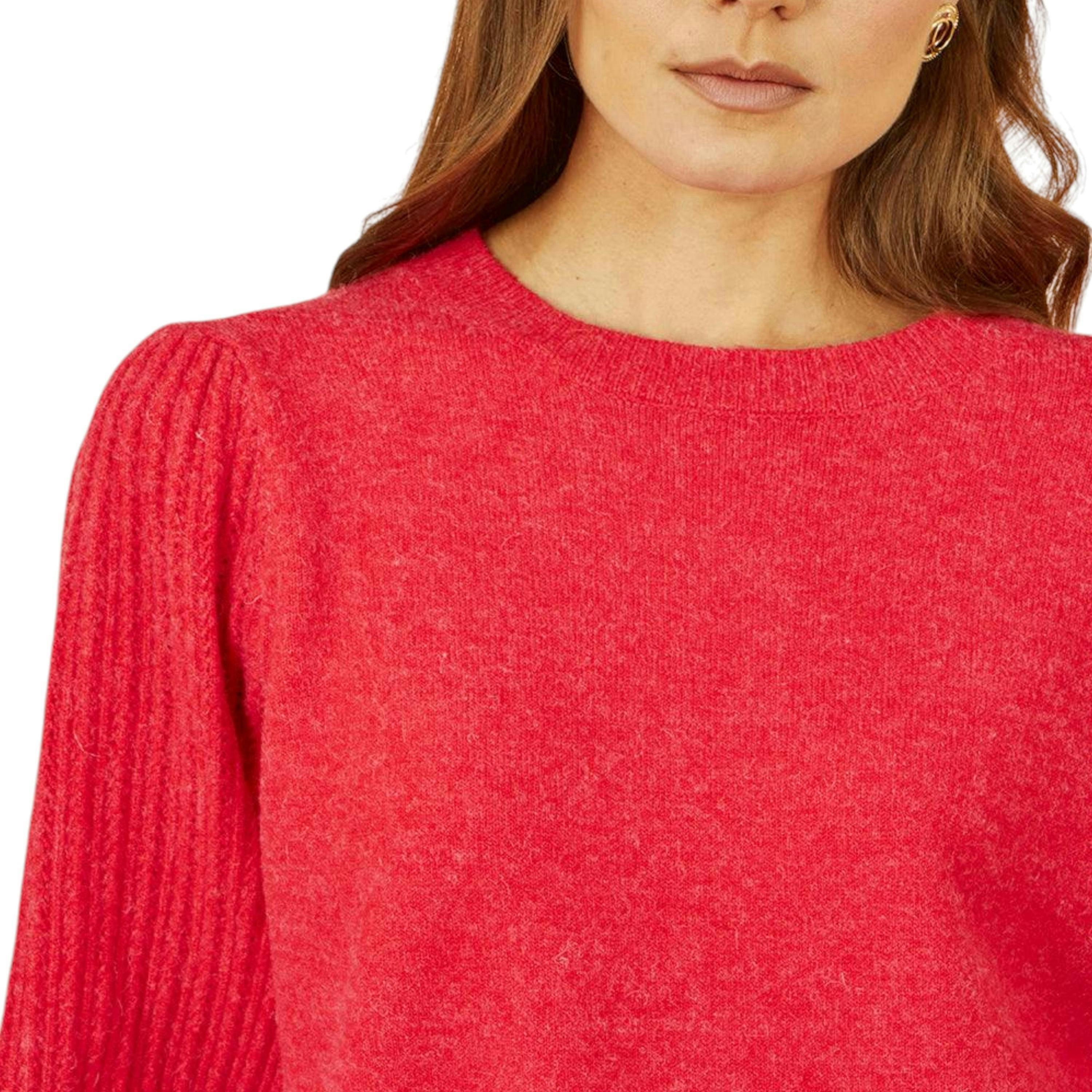 Yumi Red Knitted Balloon Sleeve Textured Jumper , view 2 of 5