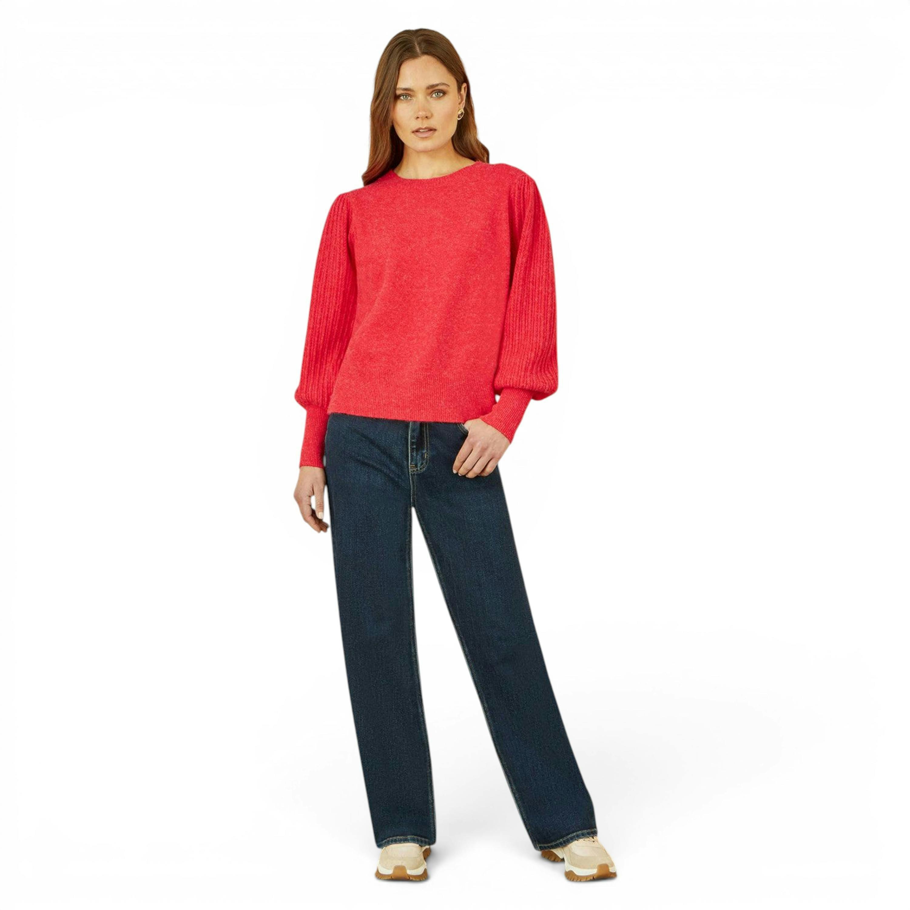 Yumi Red Knitted Balloon Sleeve Textured Jumper , view 3 of 5