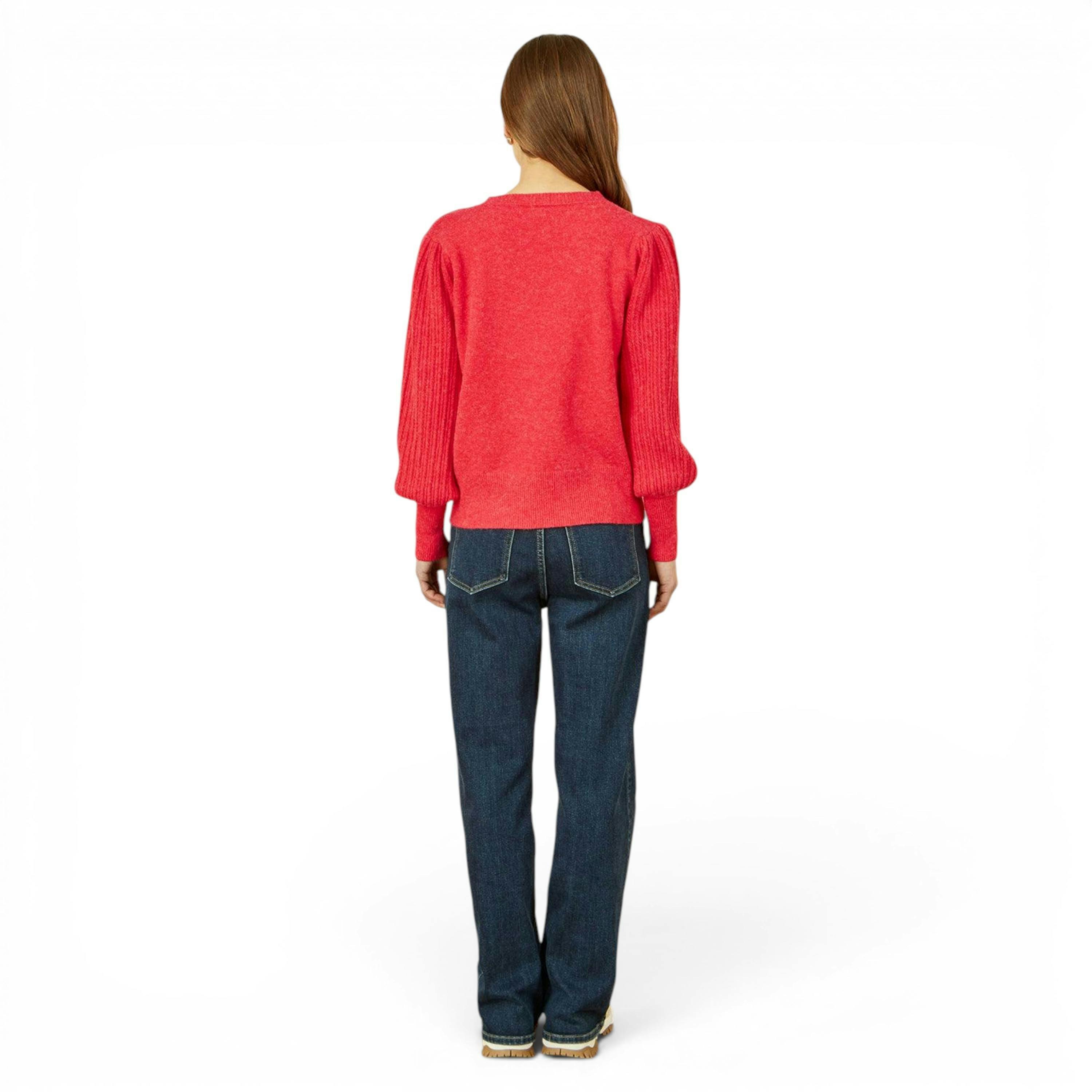 Yumi Red Knitted Balloon Sleeve Textured Jumper , view 4 of 5
