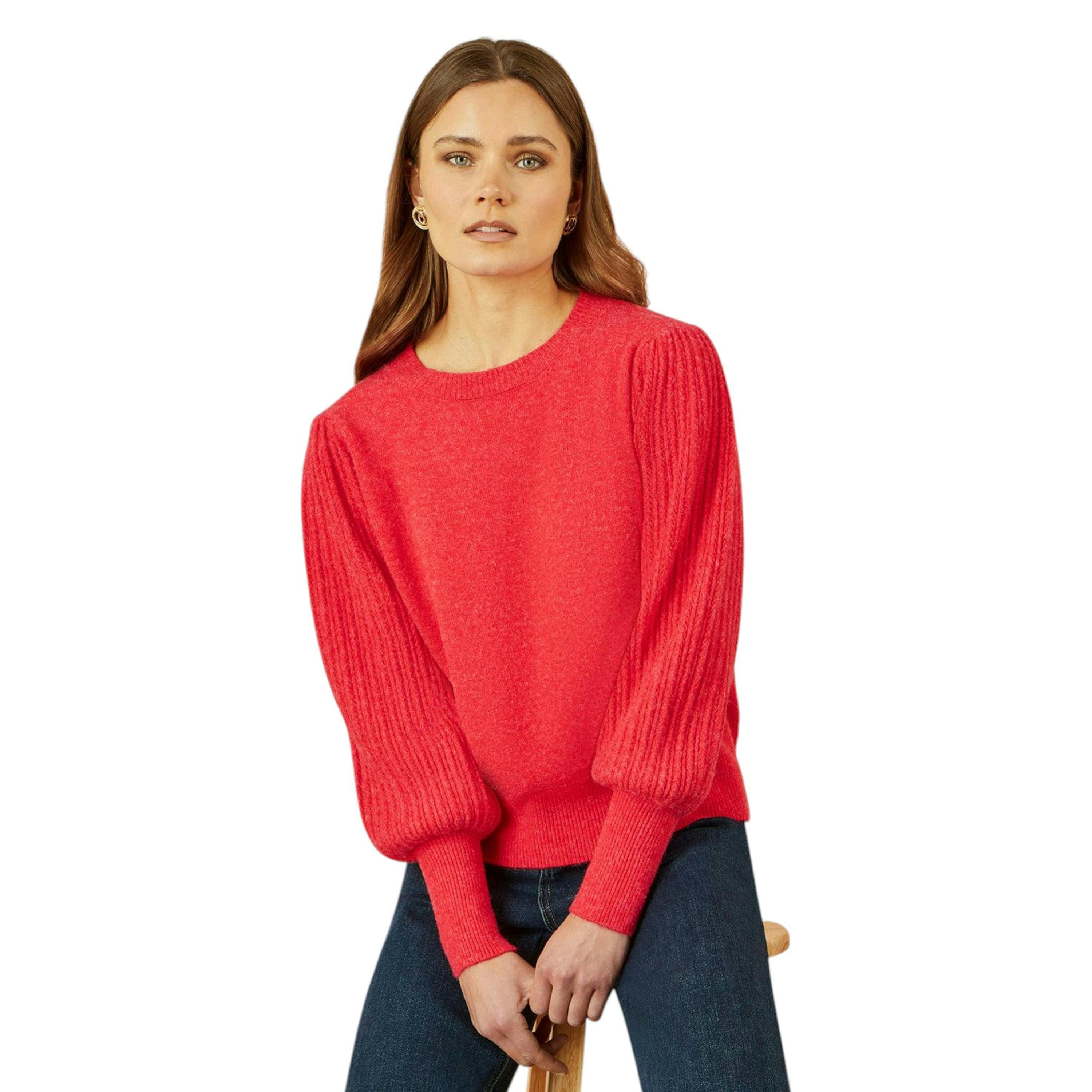 Yumi Red Knitted Balloon Sleeve Textured Jumper , view 5 of 5