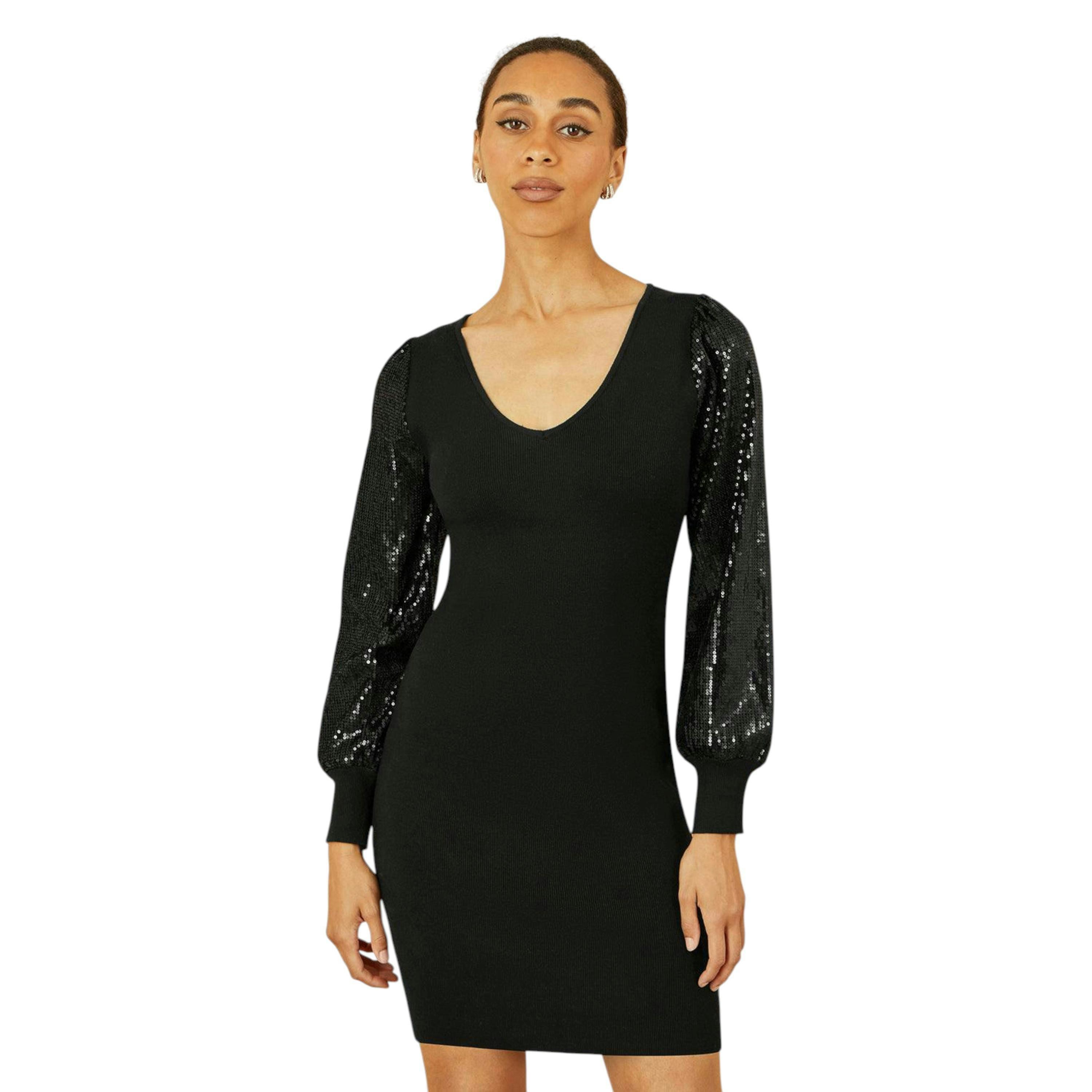 Yumi Black Knitted Fitted Dress With Sequin Sleeves , view 1 of 5