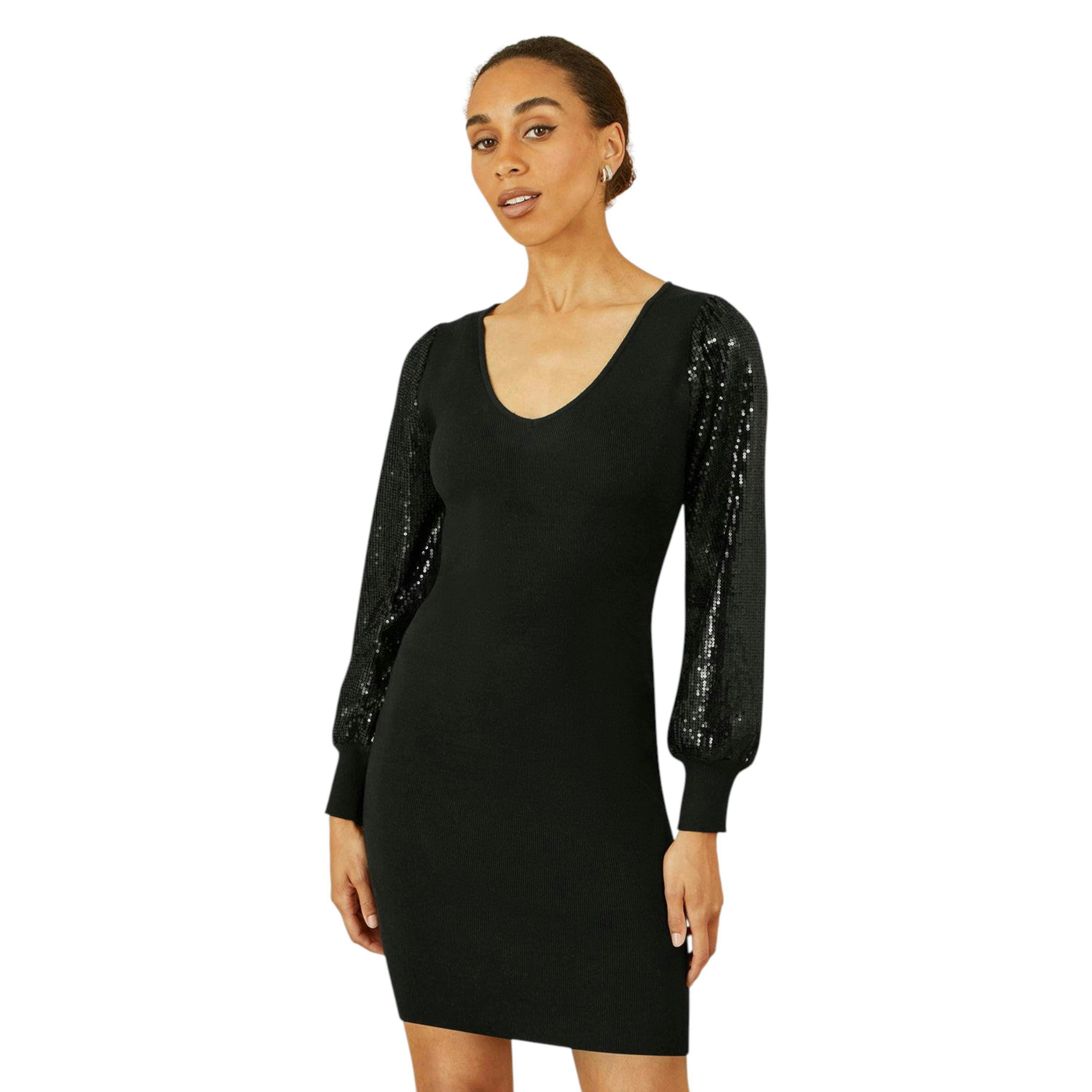 Yumi Black Knitted Fitted Dress With Sequin Sleeves , view 3 of 5