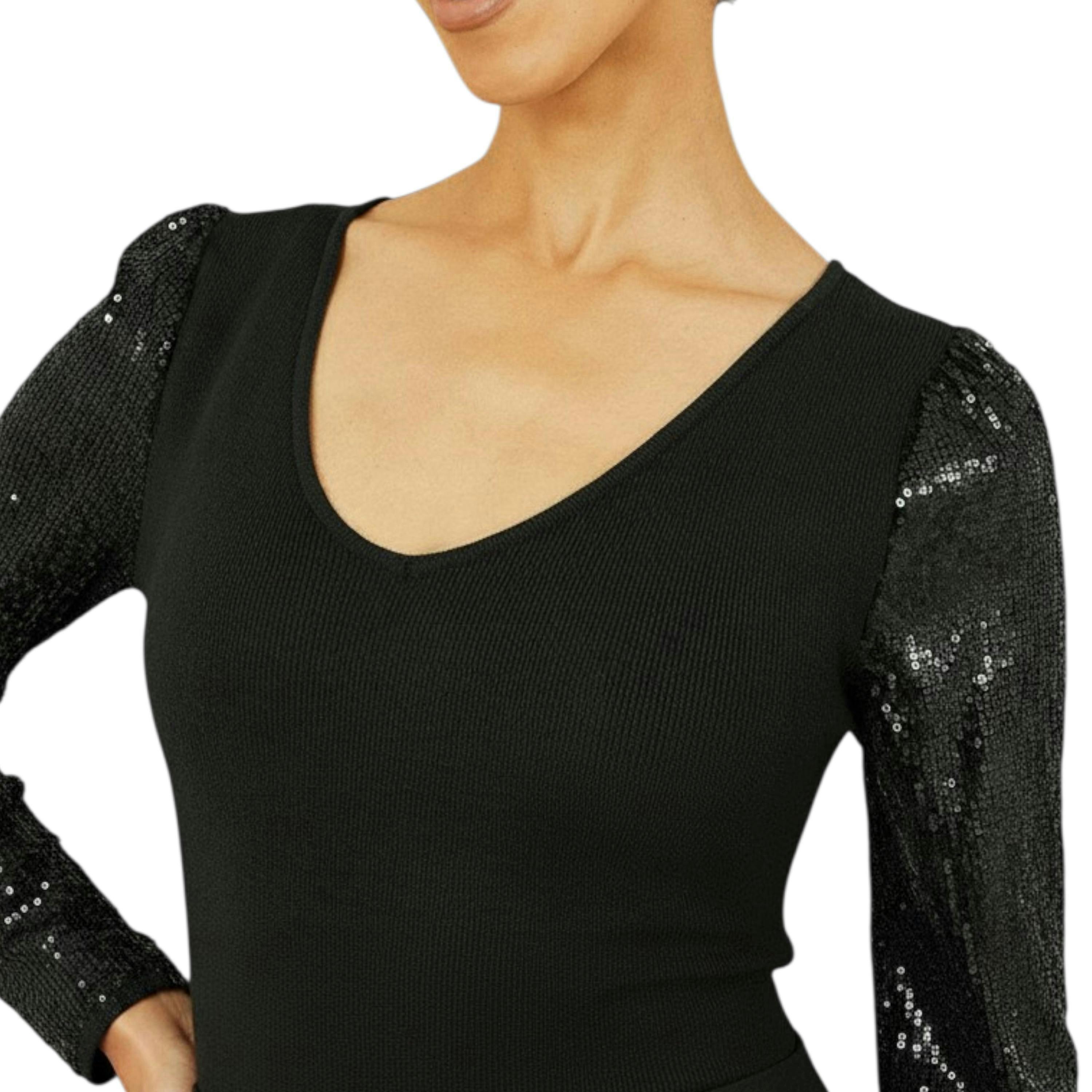 Yumi Black Knitted Fitted Dress With Sequin Sleeves , view 5 of 5
