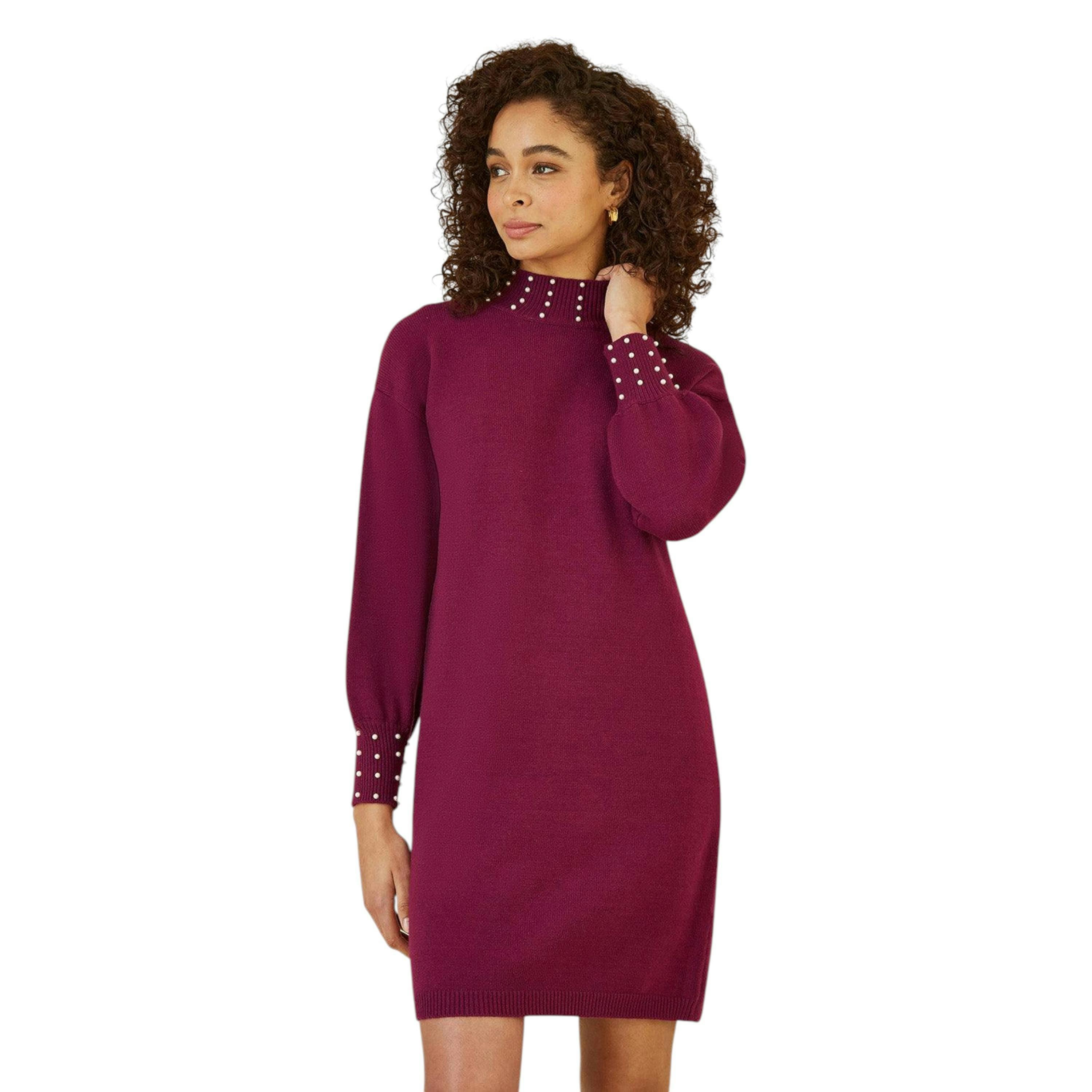 Yumi Plum Pearl Detail Knitted Relaxed Jumper Dress , view 1 of 4