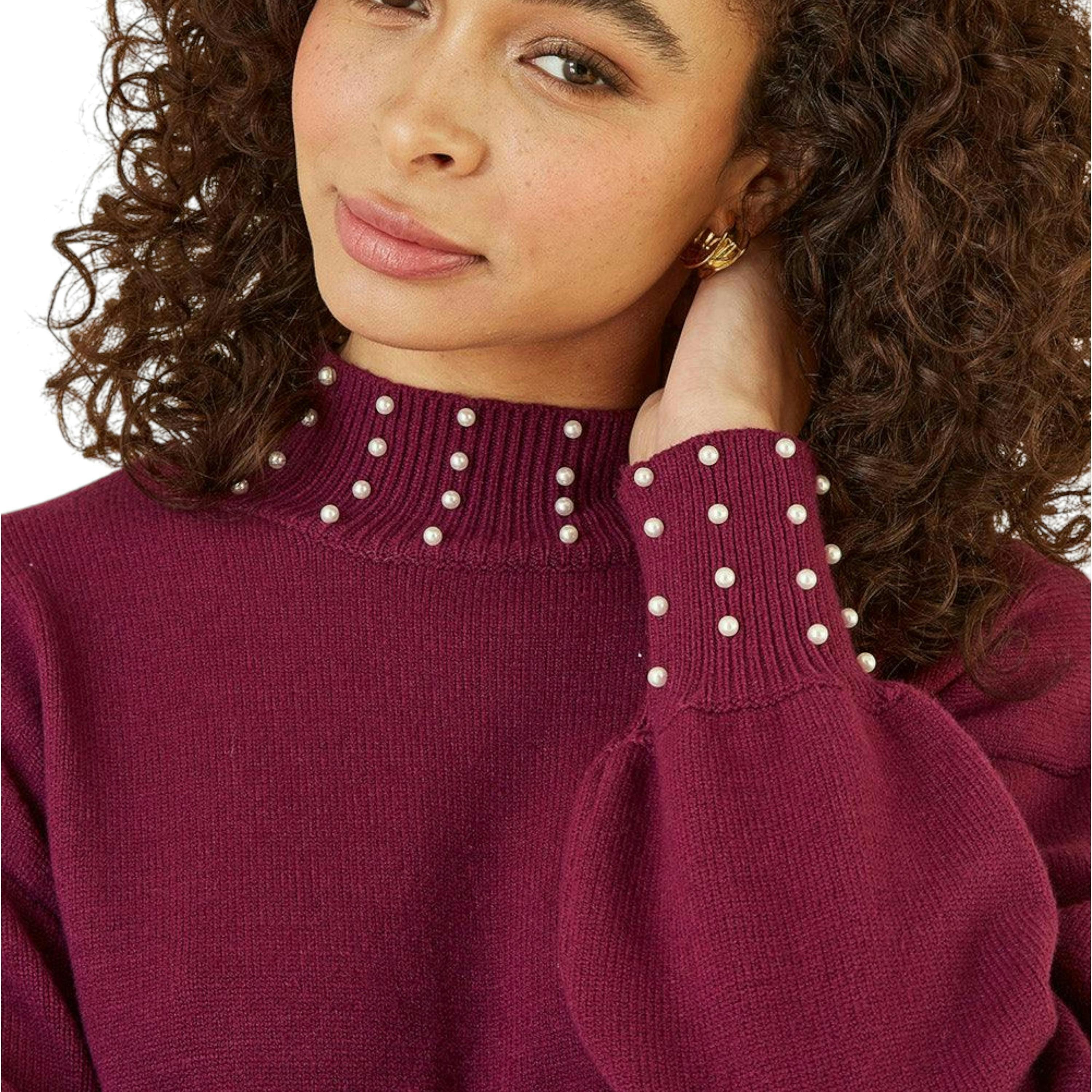 Yumi Plum Pearl Detail Knitted Relaxed Jumper Dress , view 3 of 4