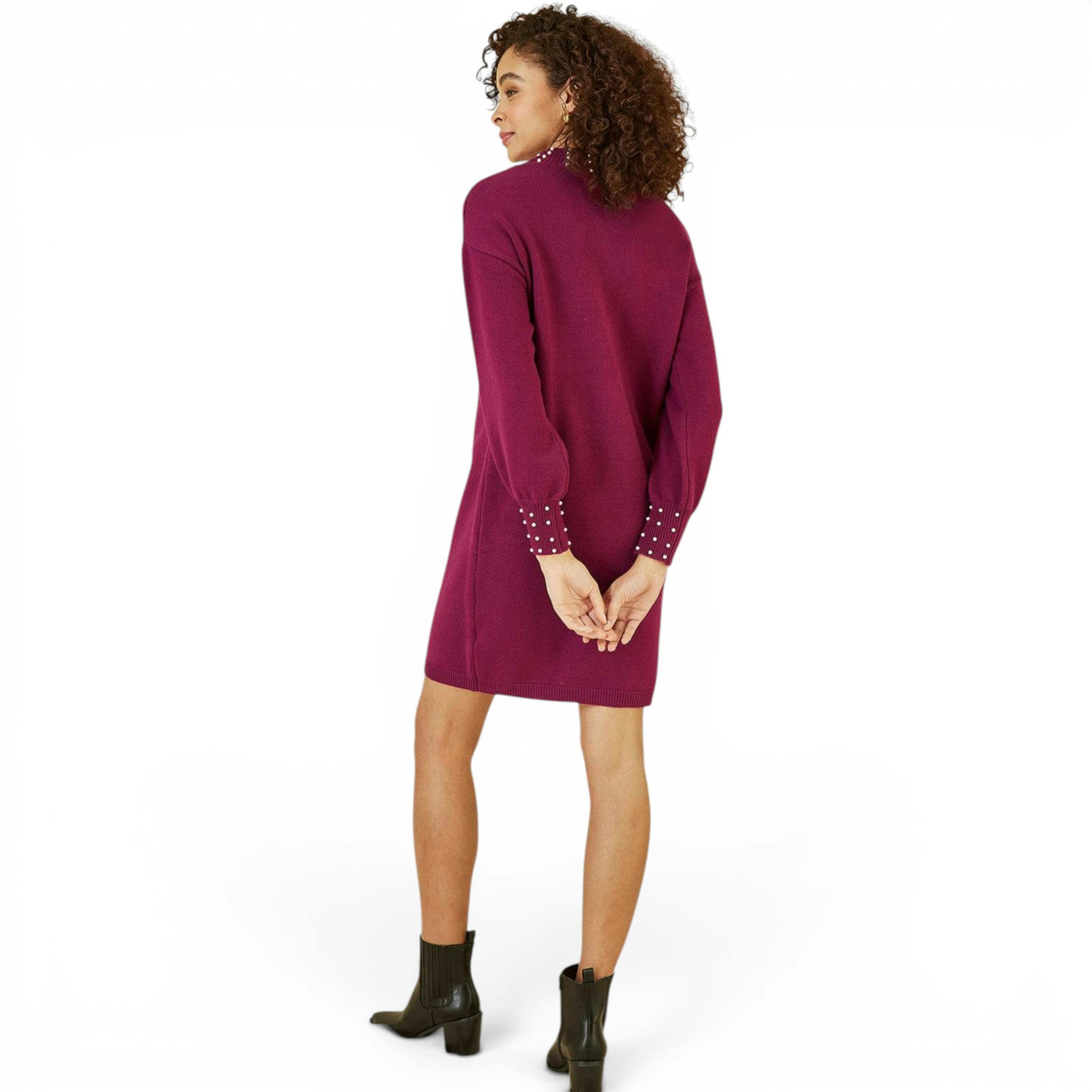 Yumi Plum Pearl Detail Knitted Relaxed Jumper Dress , view 4 of 4