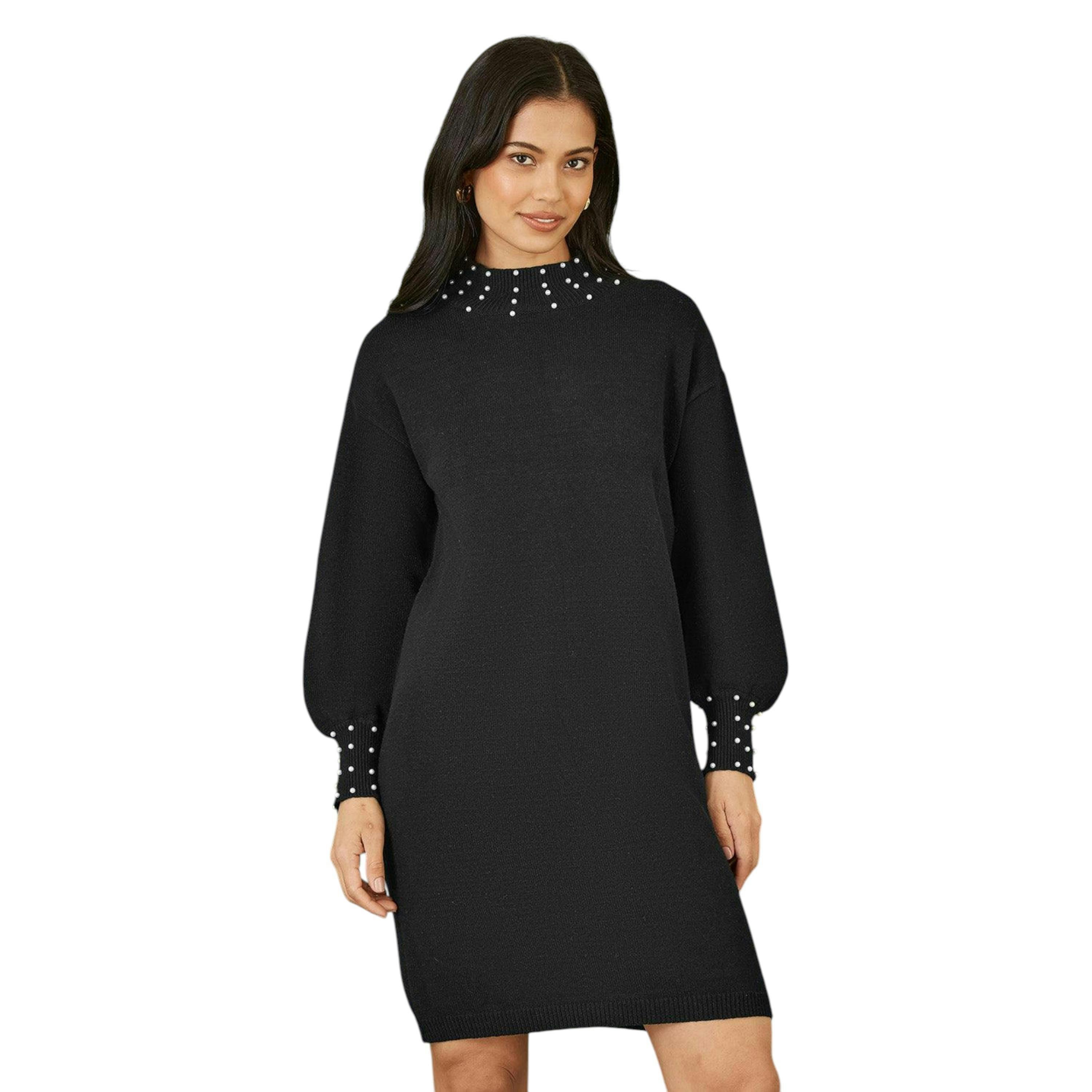 Yumi Black Pearl Detail Knitted Relaxed Jumper Dress , view 1 of 5