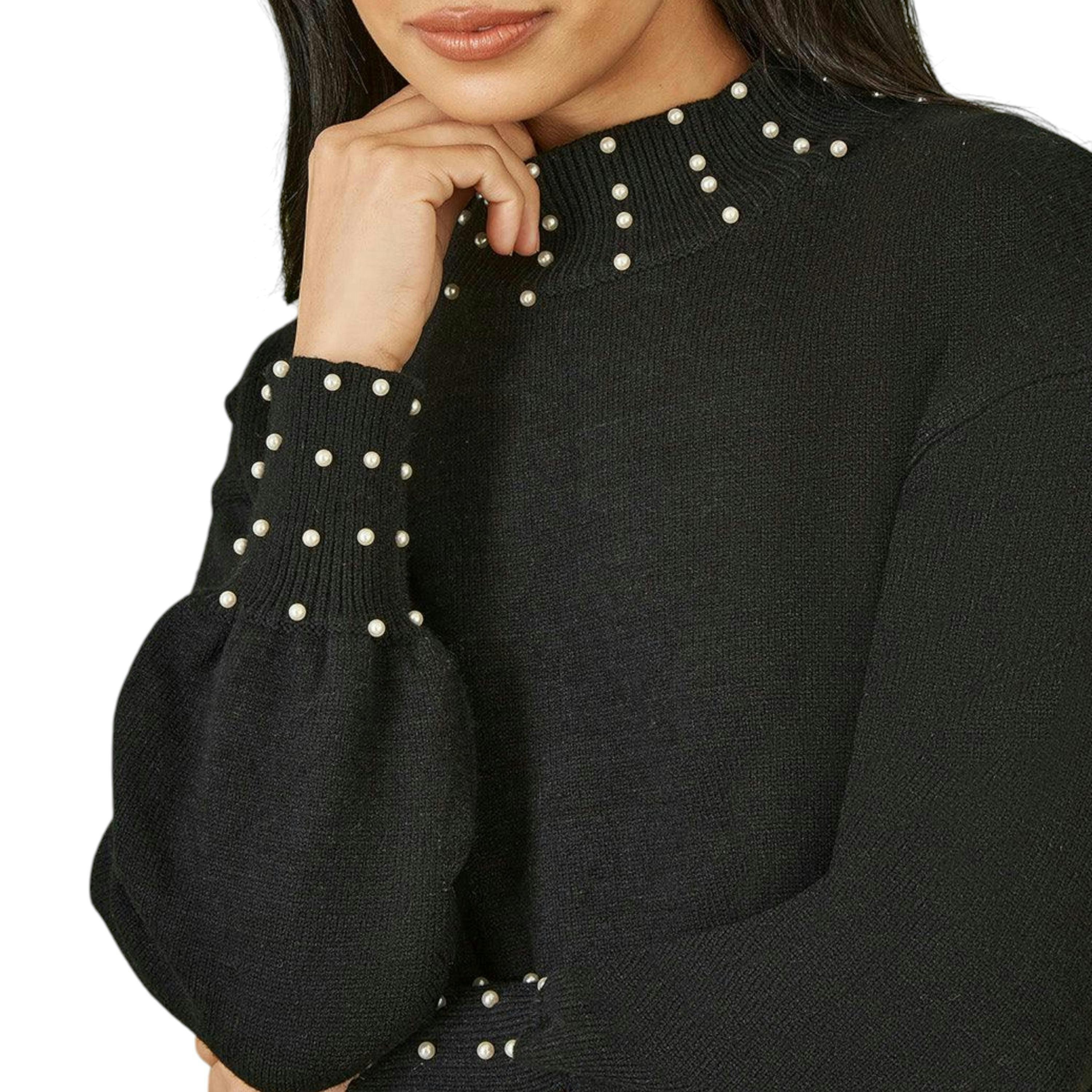 Yumi Black Pearl Detail Knitted Relaxed Jumper Dress , view 2 of 5