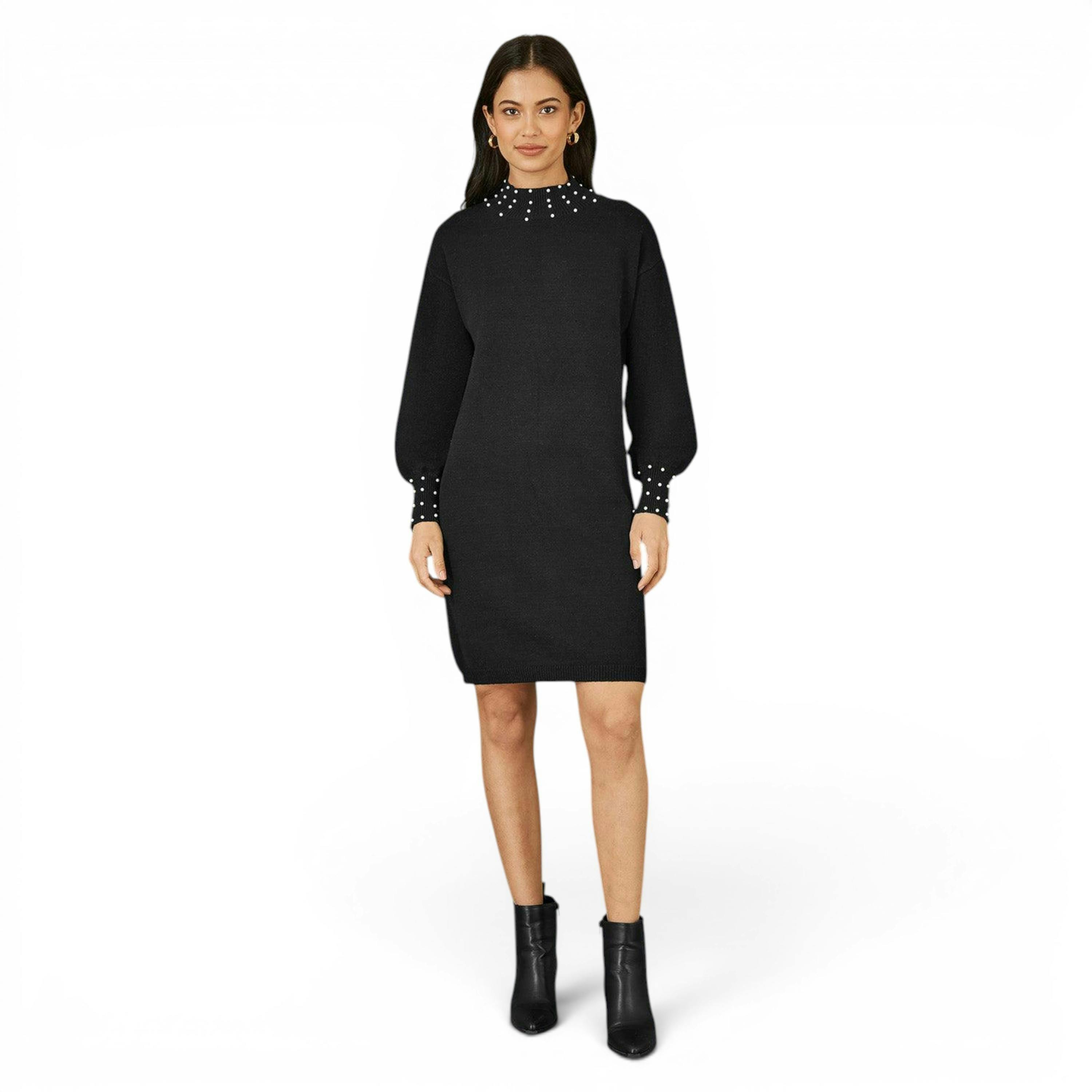 Yumi Black Pearl Detail Knitted Relaxed Jumper Dress , view 3 of 5