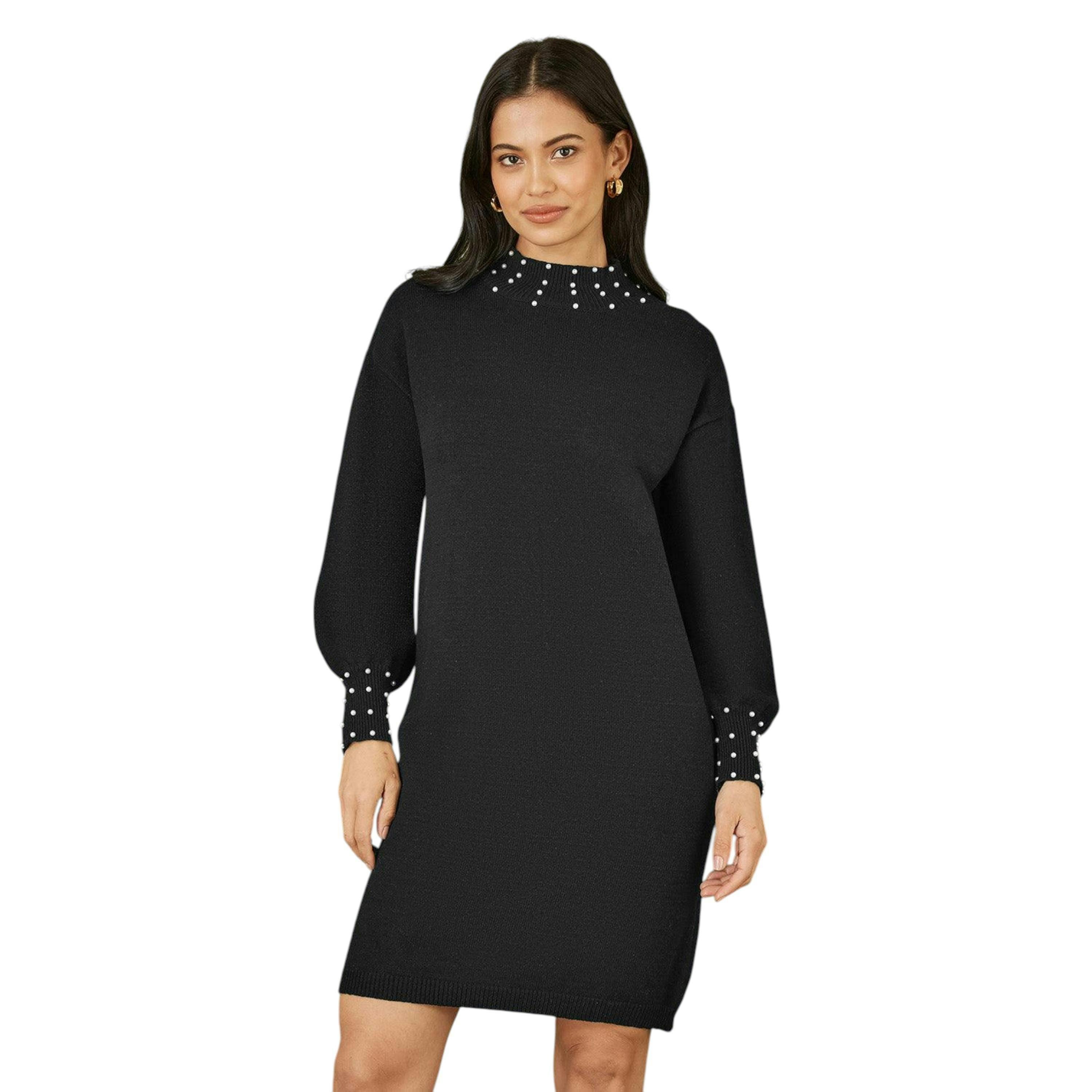 Yumi Black Pearl Detail Knitted Relaxed Jumper Dress , view 5 of 5