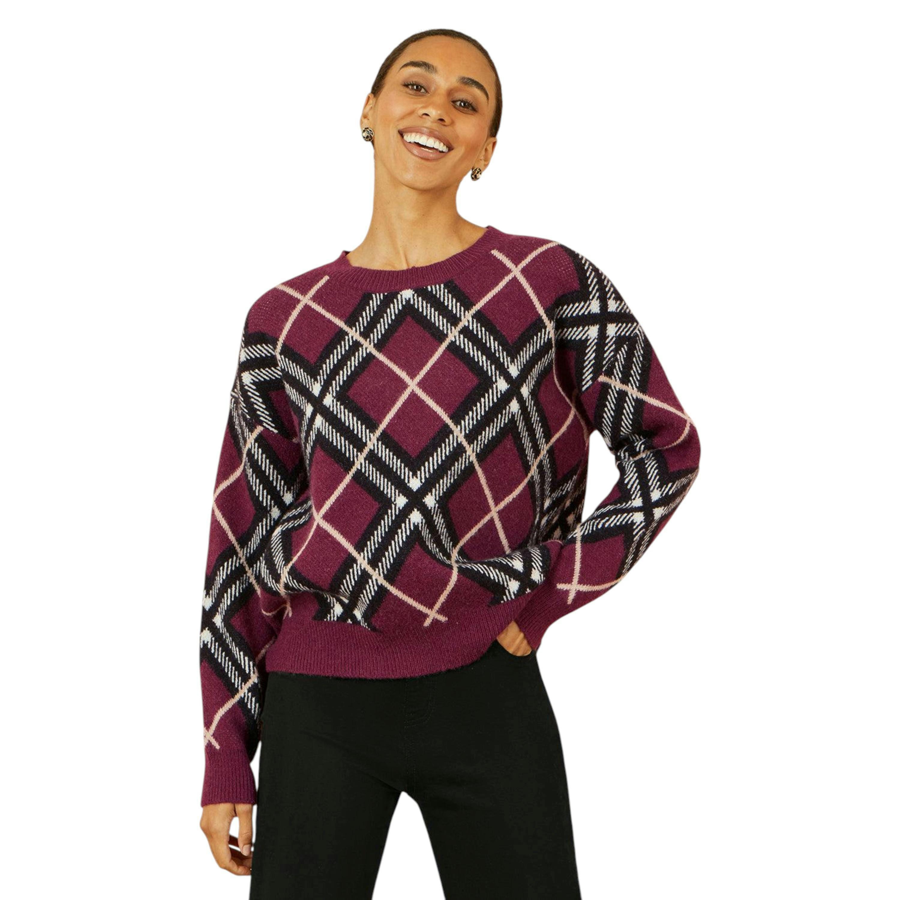 Yumi Burgundy Argyle Check Relaxed Jumper , view 1 of 2