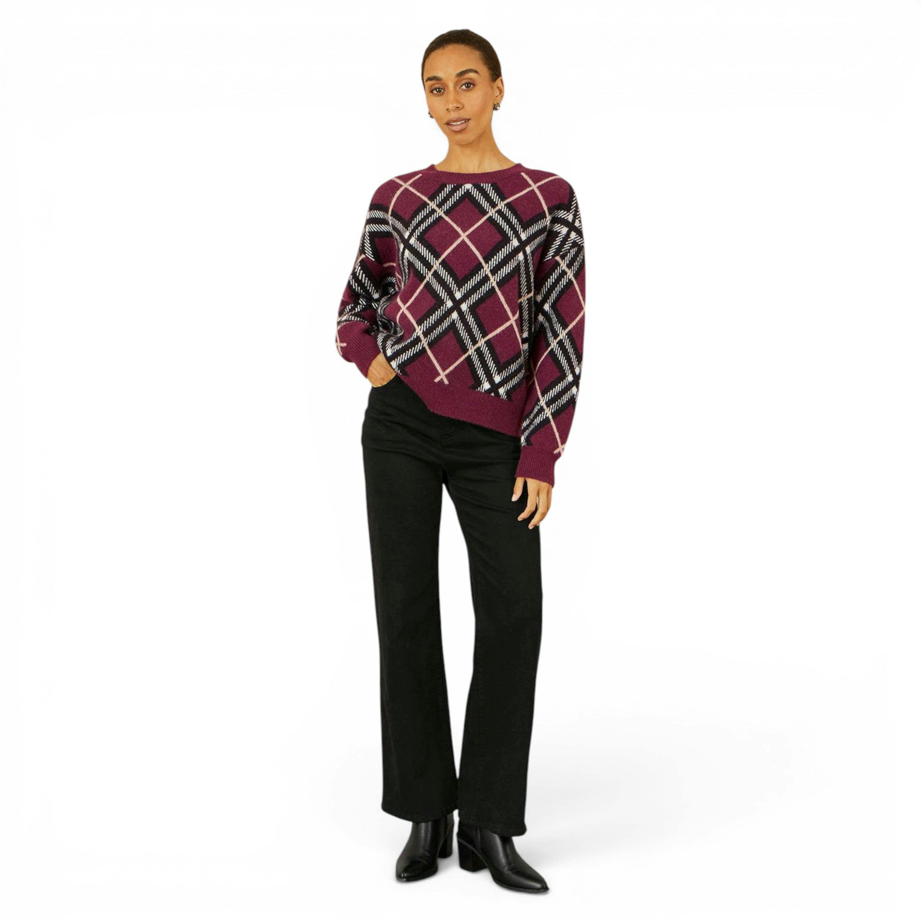 Yumi Burgundy Argyle Check Relaxed Jumper , view 2 of 2