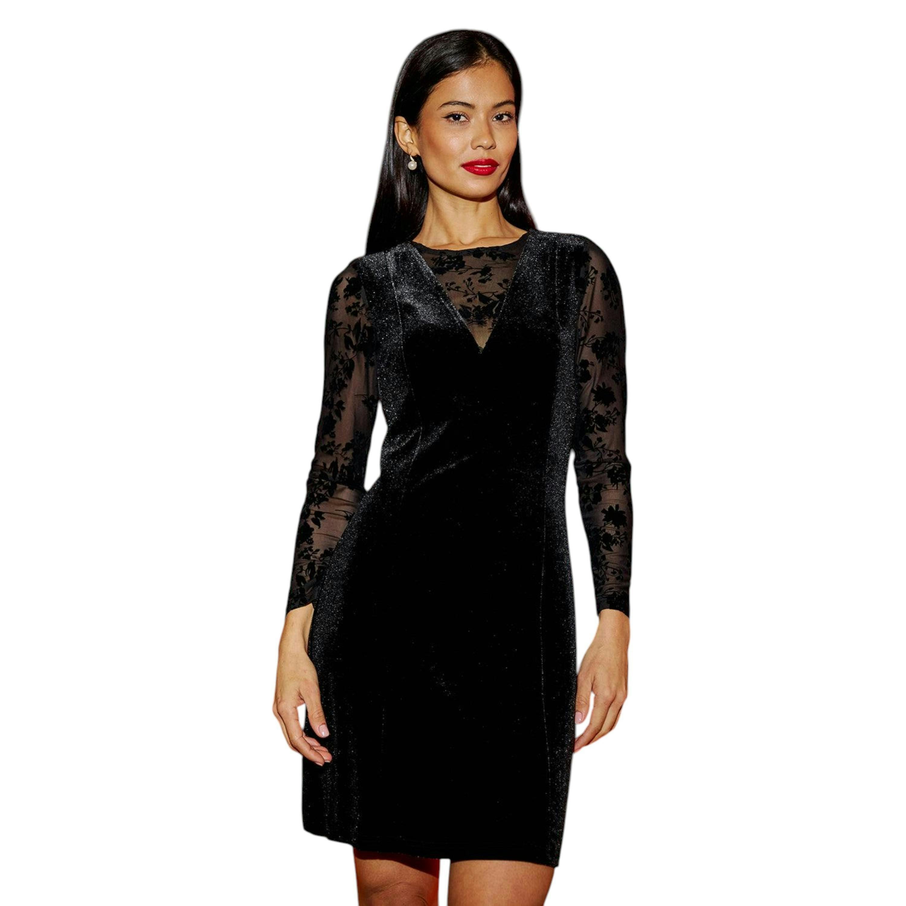 Yumi Black Fitted Velvet Dress With Sheer Floral Sleeves , view 1 of 6