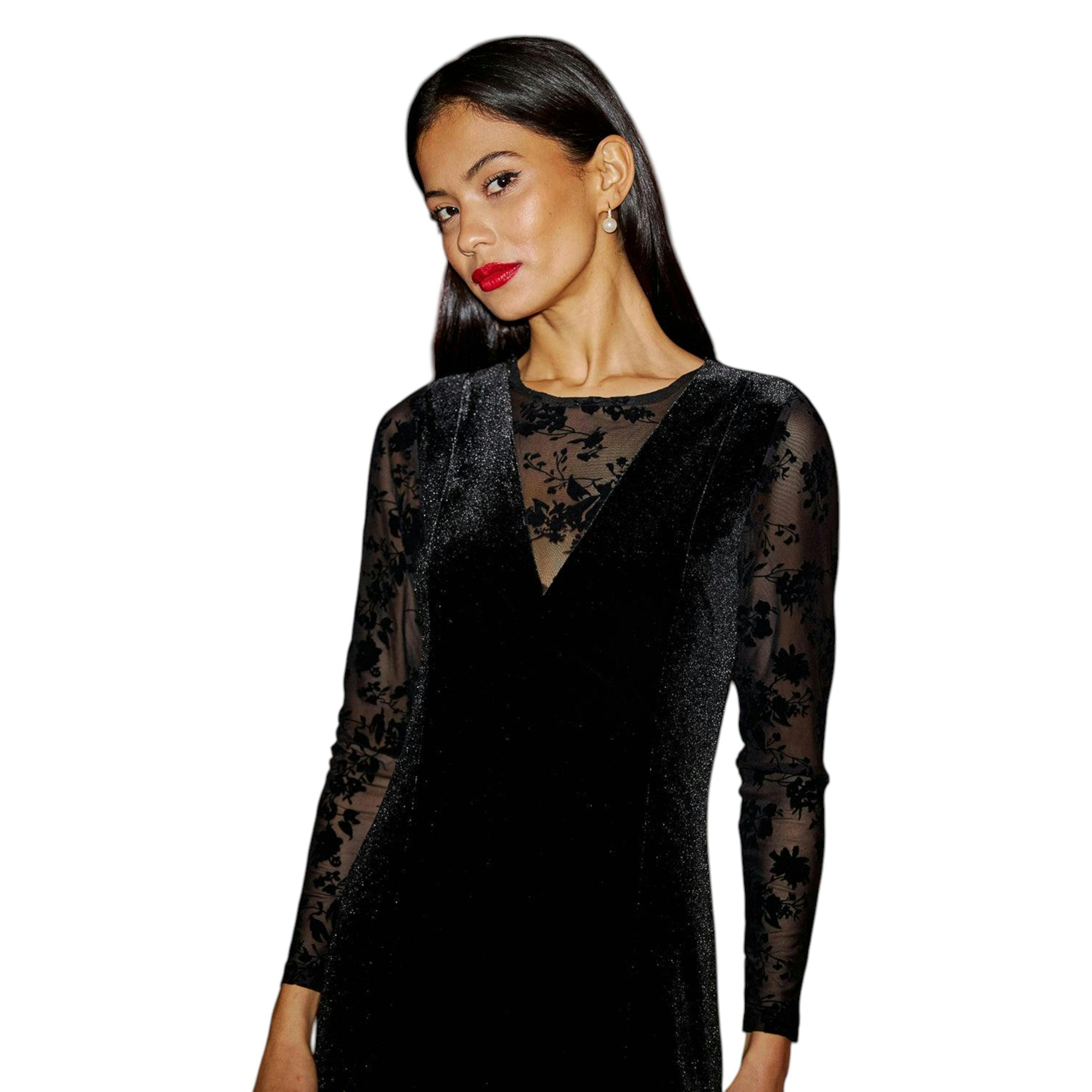 Yumi Black Fitted Velvet Dress With Sheer Floral Sleeves , view 2 of 6
