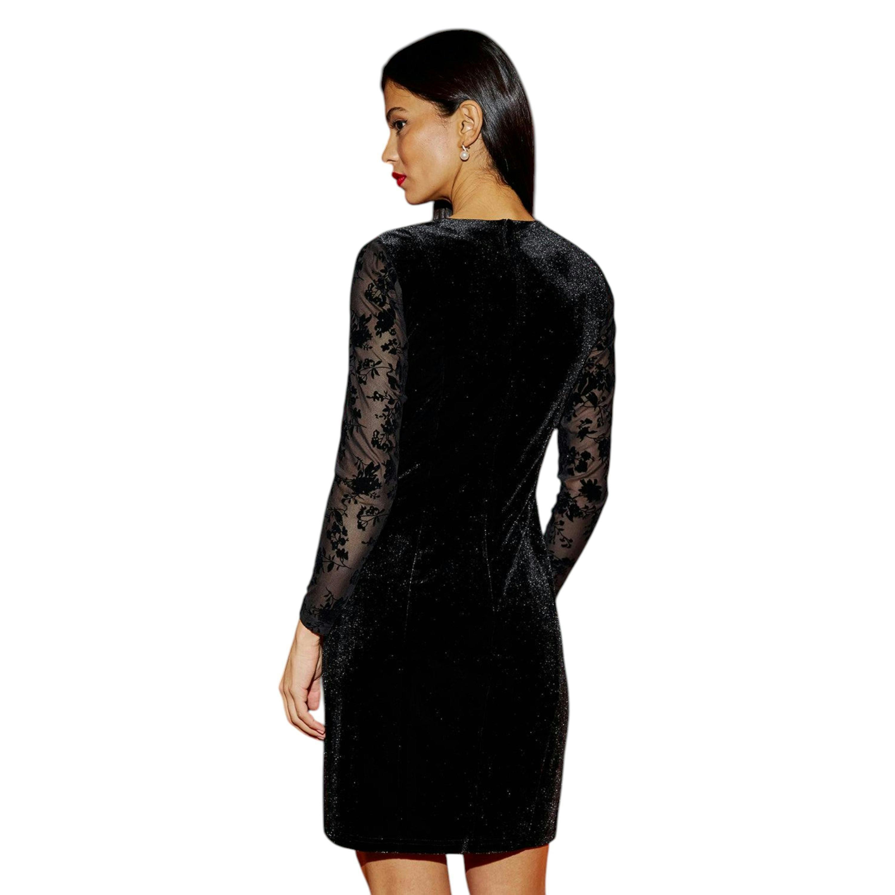 Yumi Black Fitted Velvet Dress With Sheer Floral Sleeves , view 4 of 6