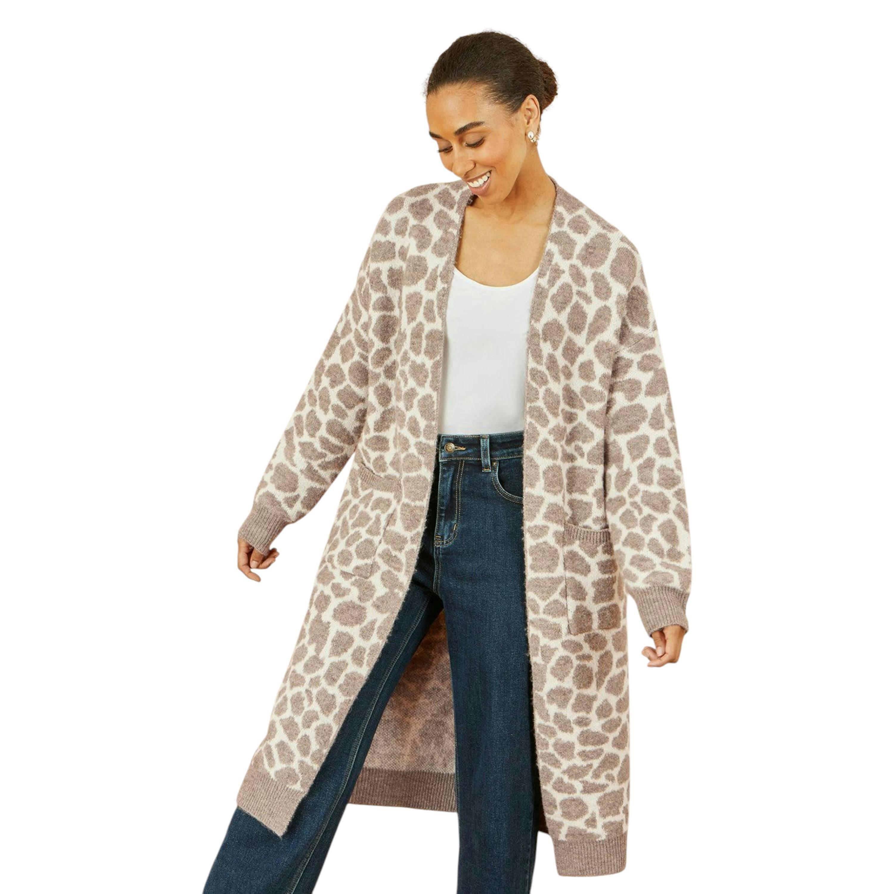 Yumi Beige Animal Print Intarsia Long Cardigan , view 1 of 2