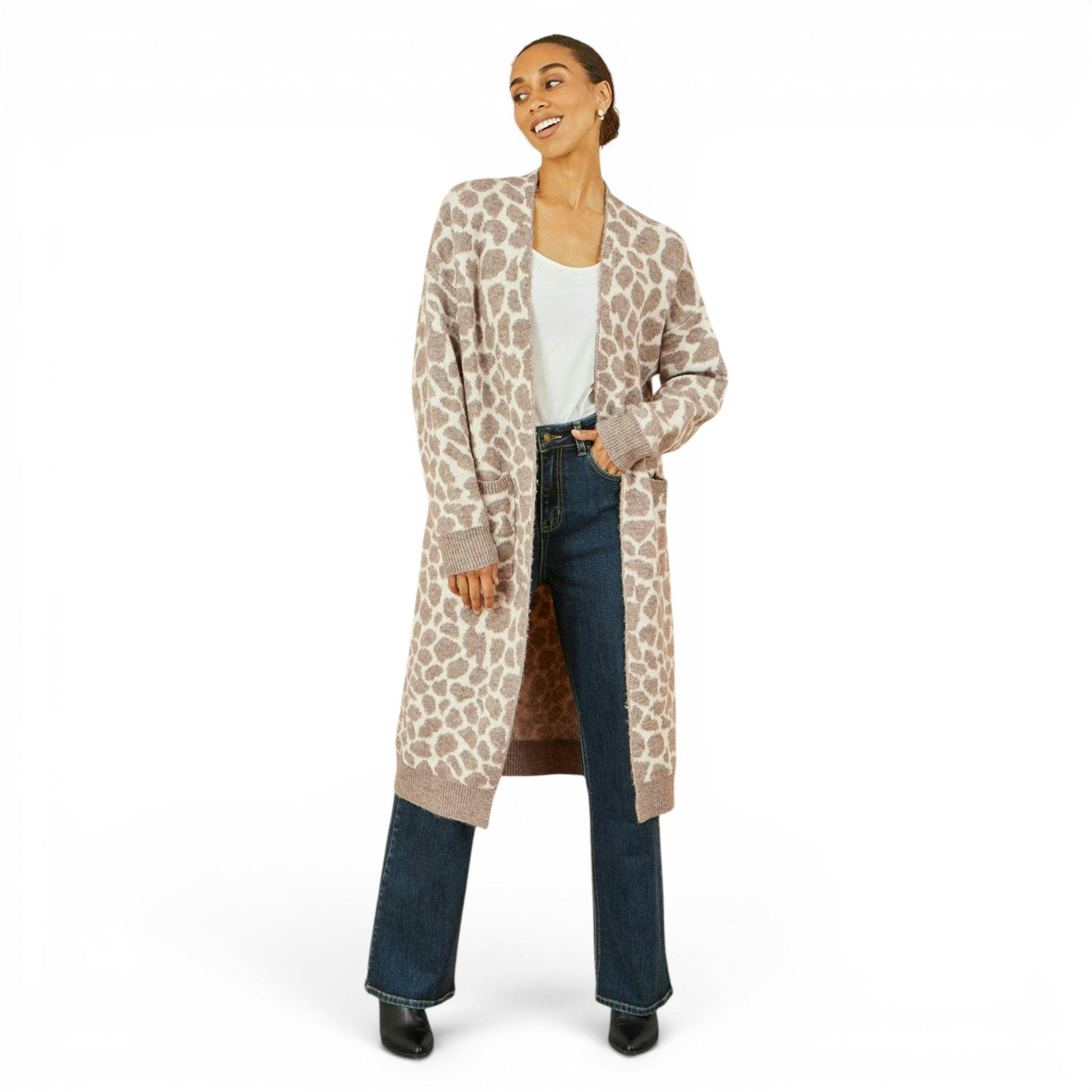 Yumi Beige Animal Print Intarsia Long Cardigan , view 2 of 2