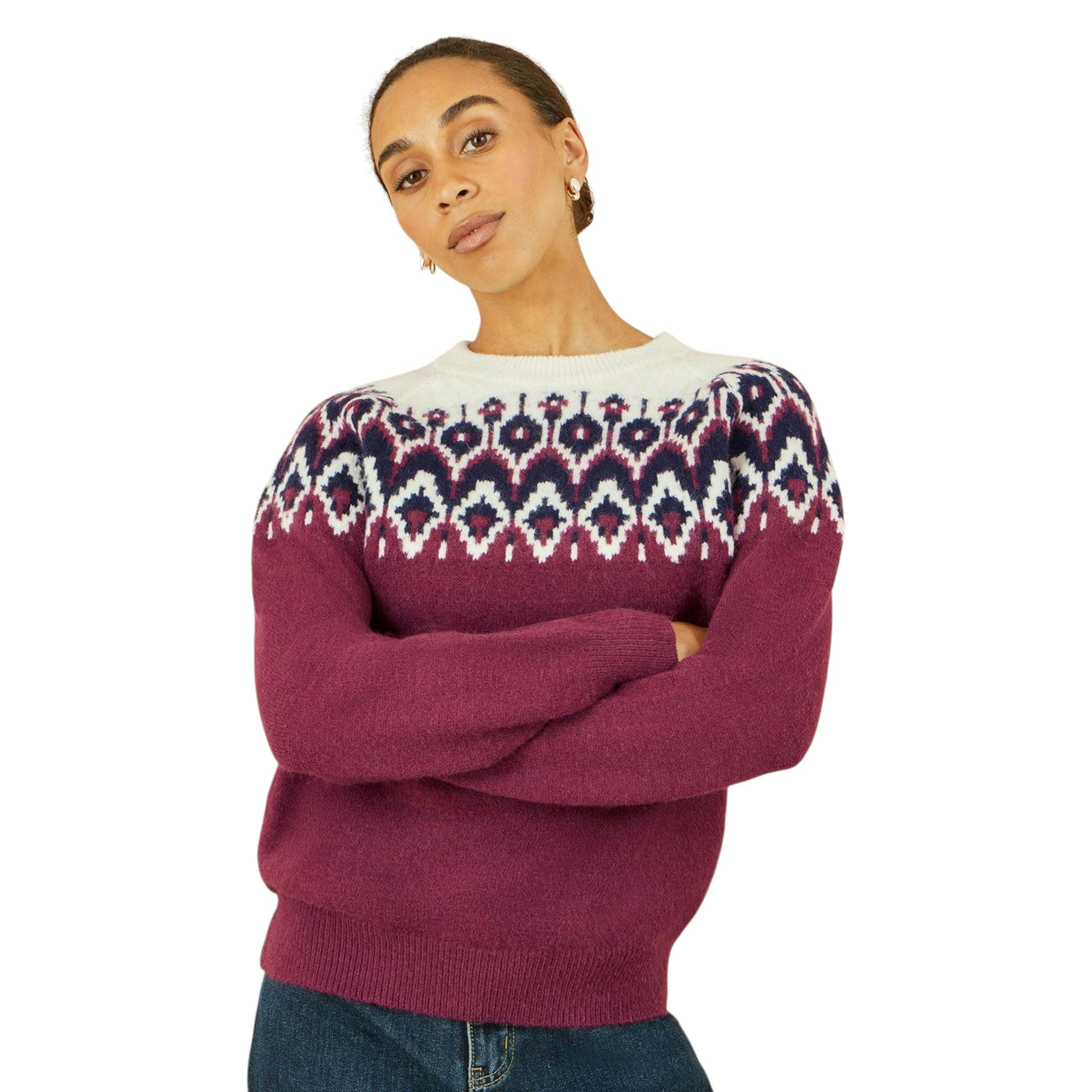 Yumi Burgundy Fair isle Relaxed Fit Knitted Jumper , view 1 of 2