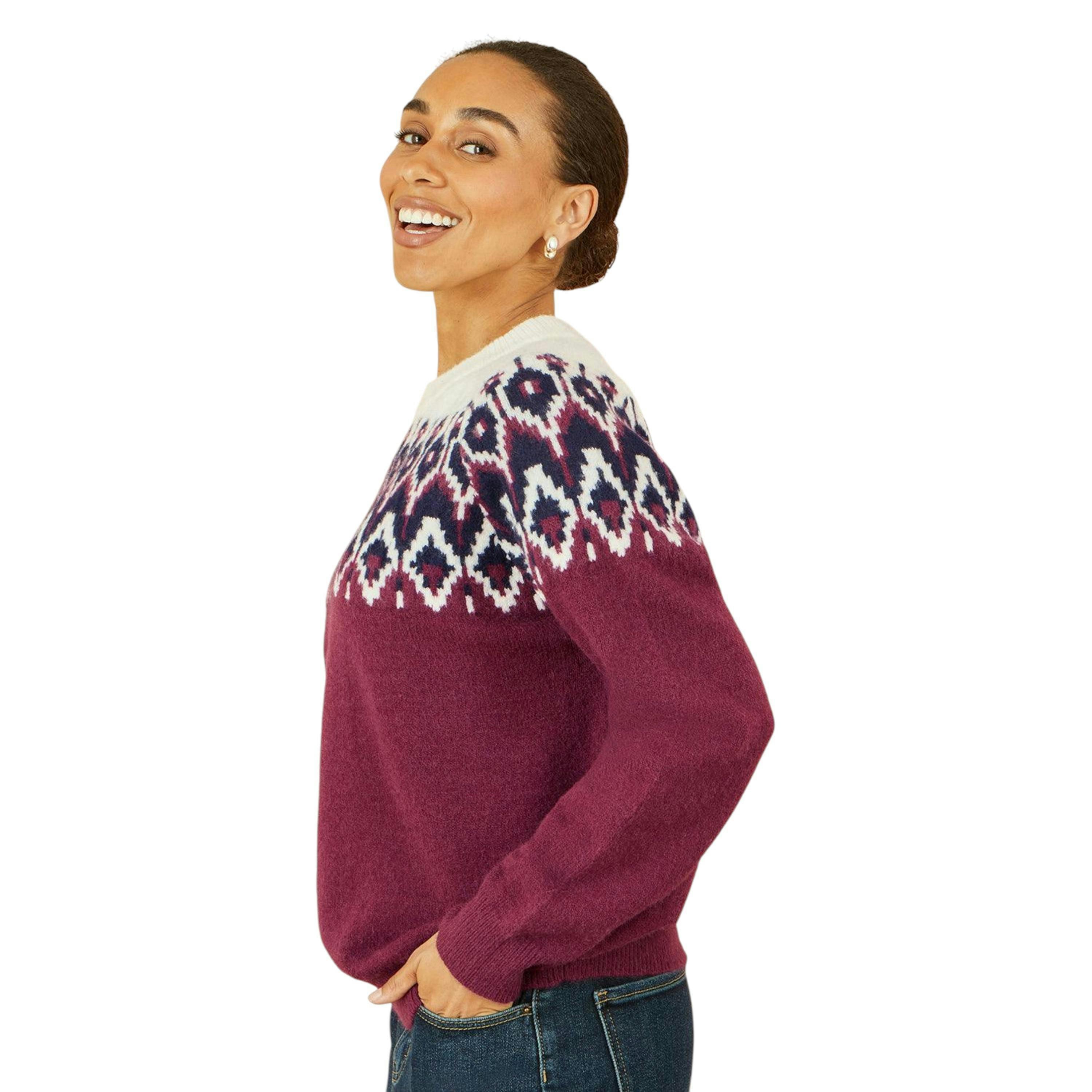 Yumi Burgundy Fair isle Relaxed Fit Knitted Jumper , view 2 of 2