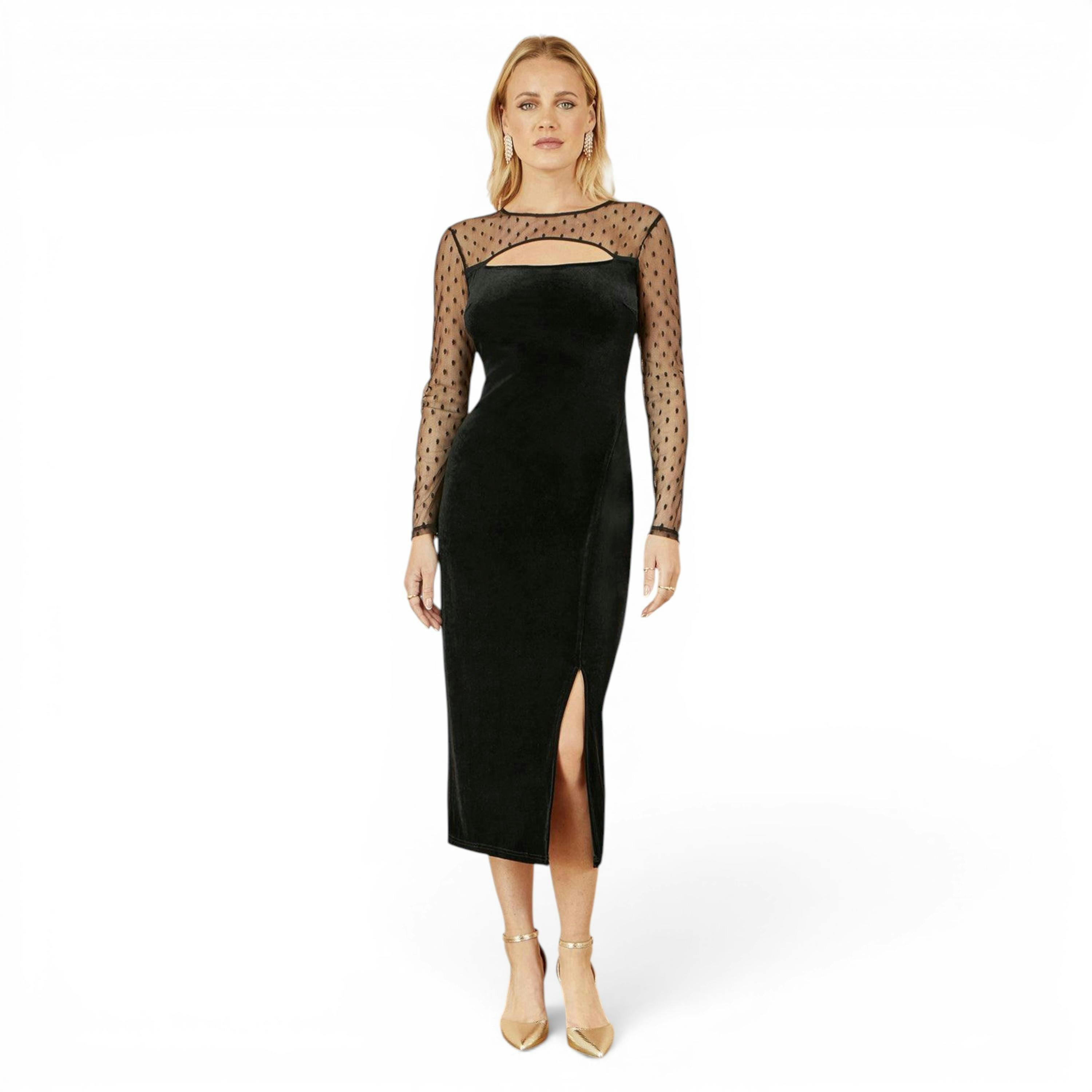 Yumi Black Velvet Midi Dress With Slash Neckline and Sheer Sleeves , view 1 of 6