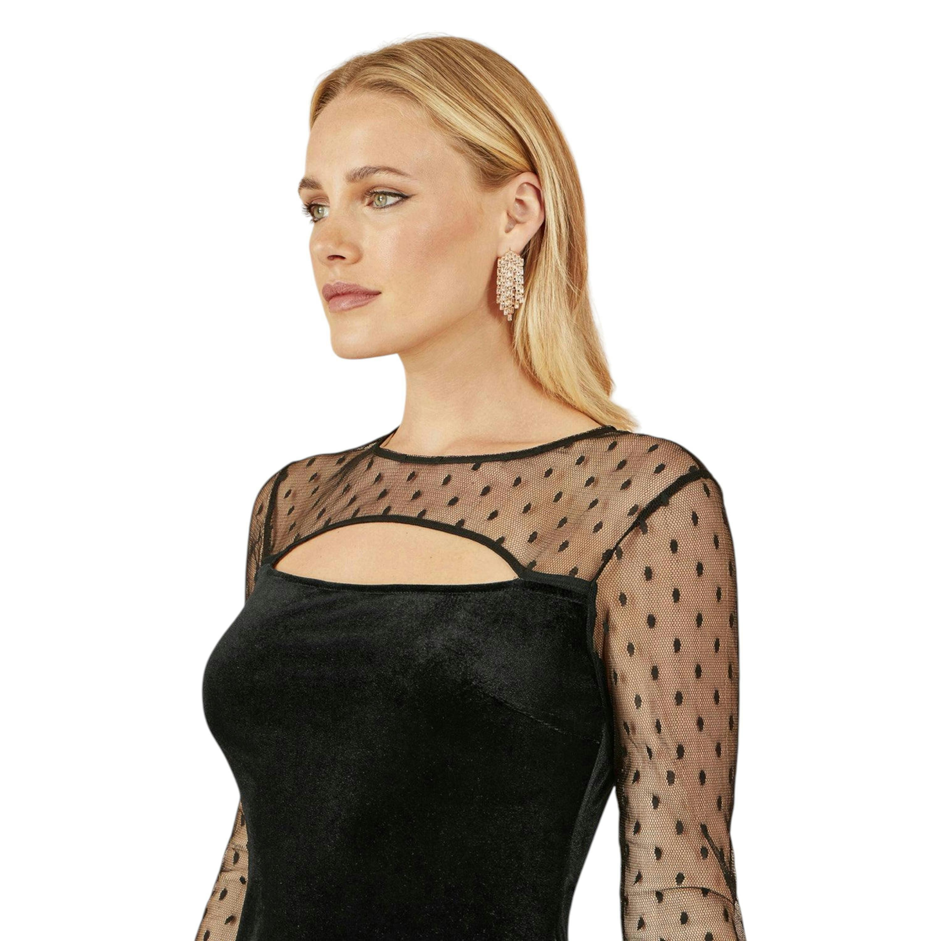 Yumi Black Velvet Midi Dress With Slash Neckline and Sheer Sleeves , view 2 of 6