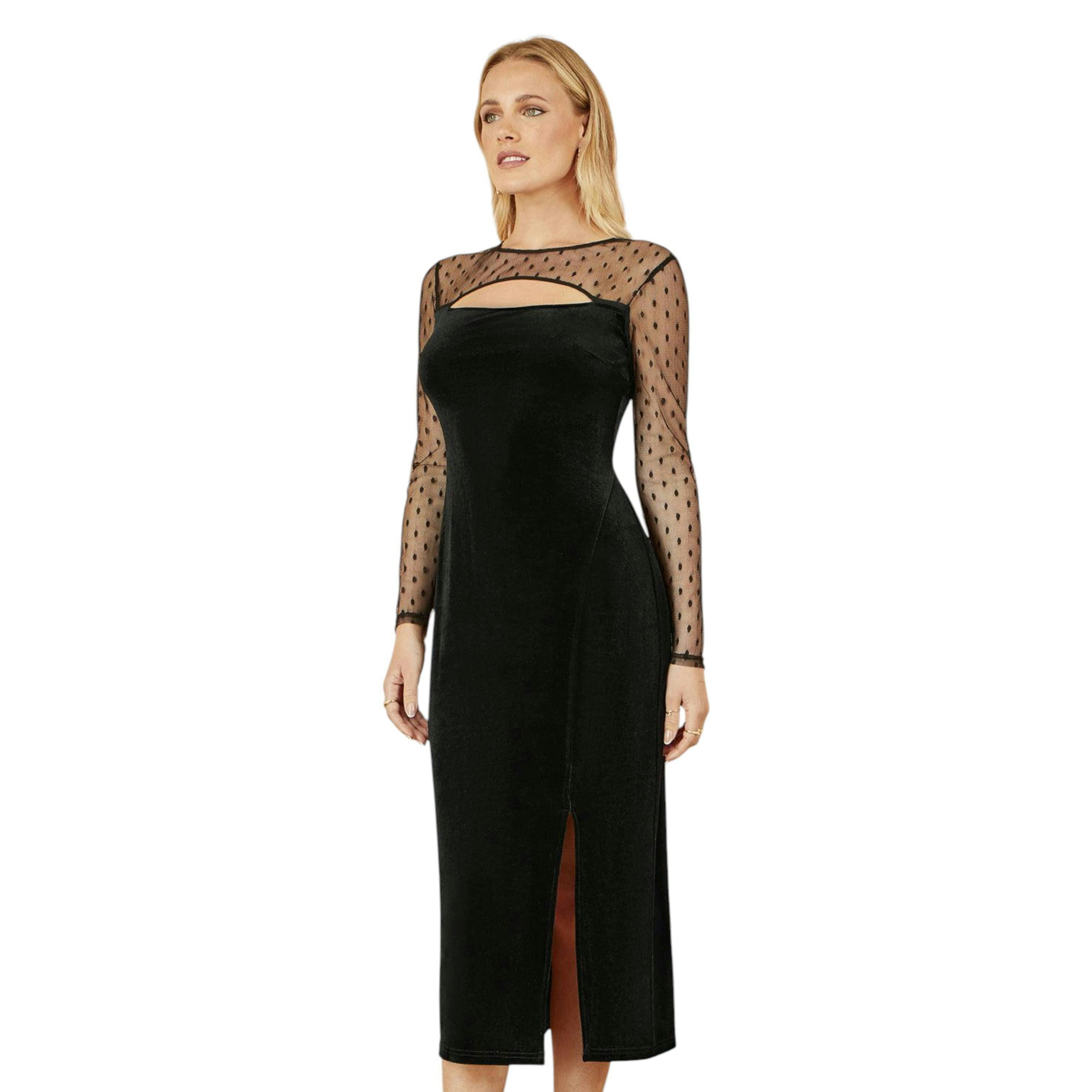 Yumi Black Velvet Midi Dress With Slash Neckline and Sheer Sleeves , view 3 of 6