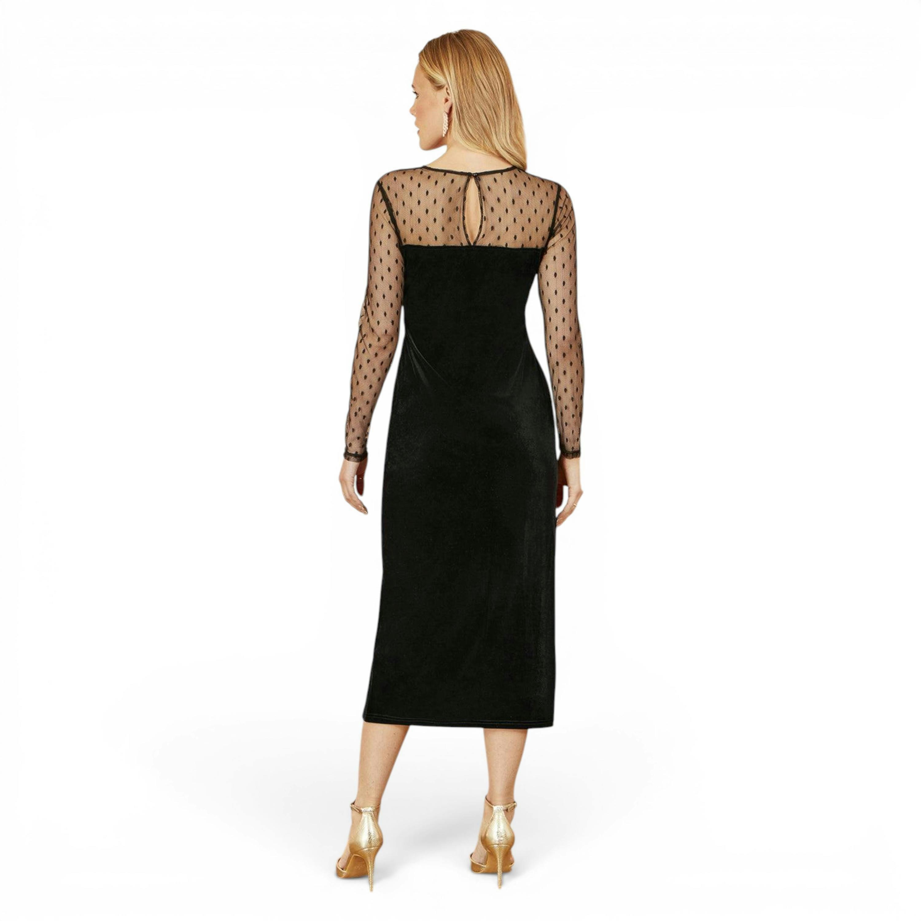 Yumi Black Velvet Midi Dress With Slash Neckline and Sheer Sleeves , view 4 of 6