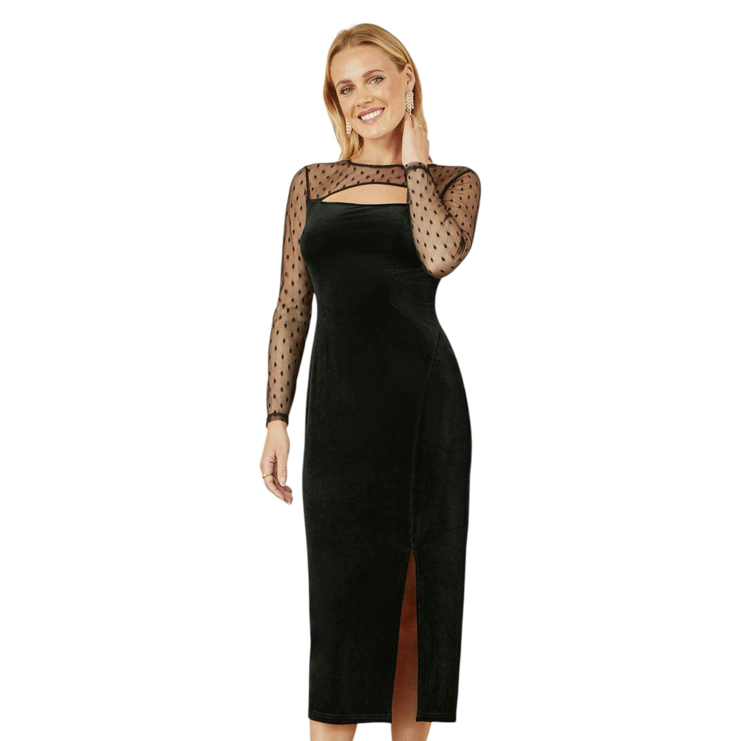 Yumi Black Velvet Midi Dress With Slash Neckline and Sheer Sleeves , view 5 of 6