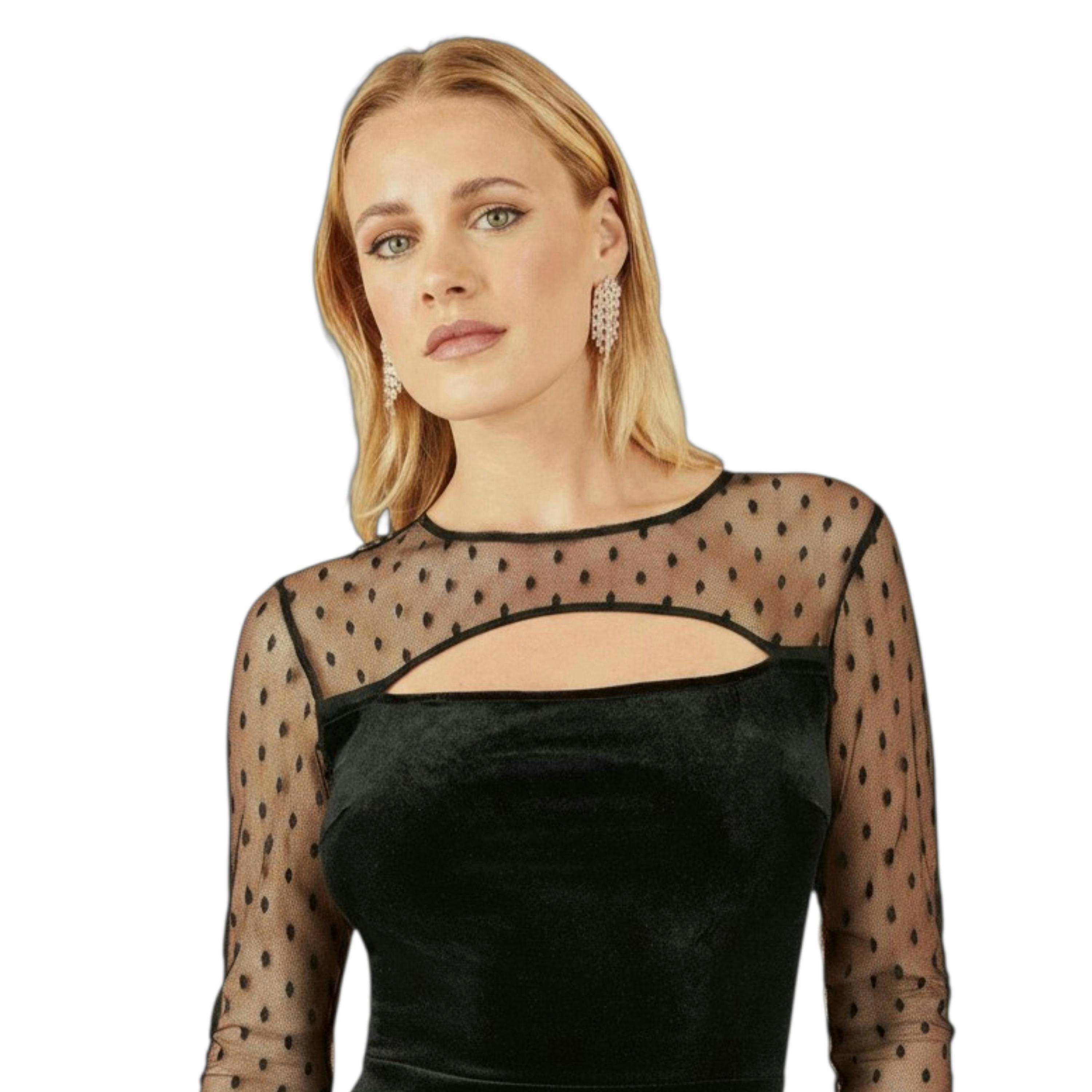 Yumi Black Velvet Midi Dress With Slash Neckline and Sheer Sleeves , view 6 of 6