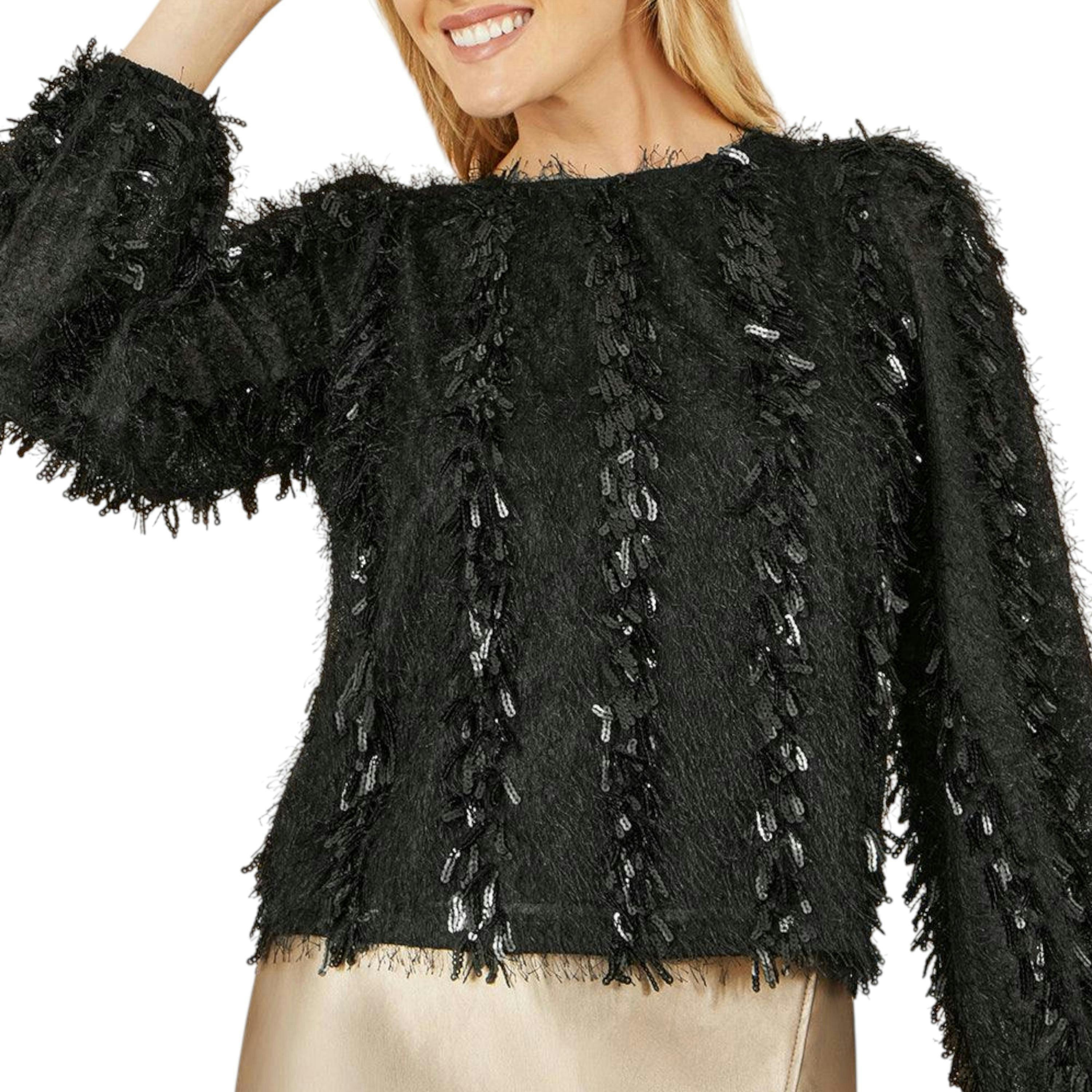 Yumi Black Hanging Sequin Long Sleeve Top , view 6 of 6