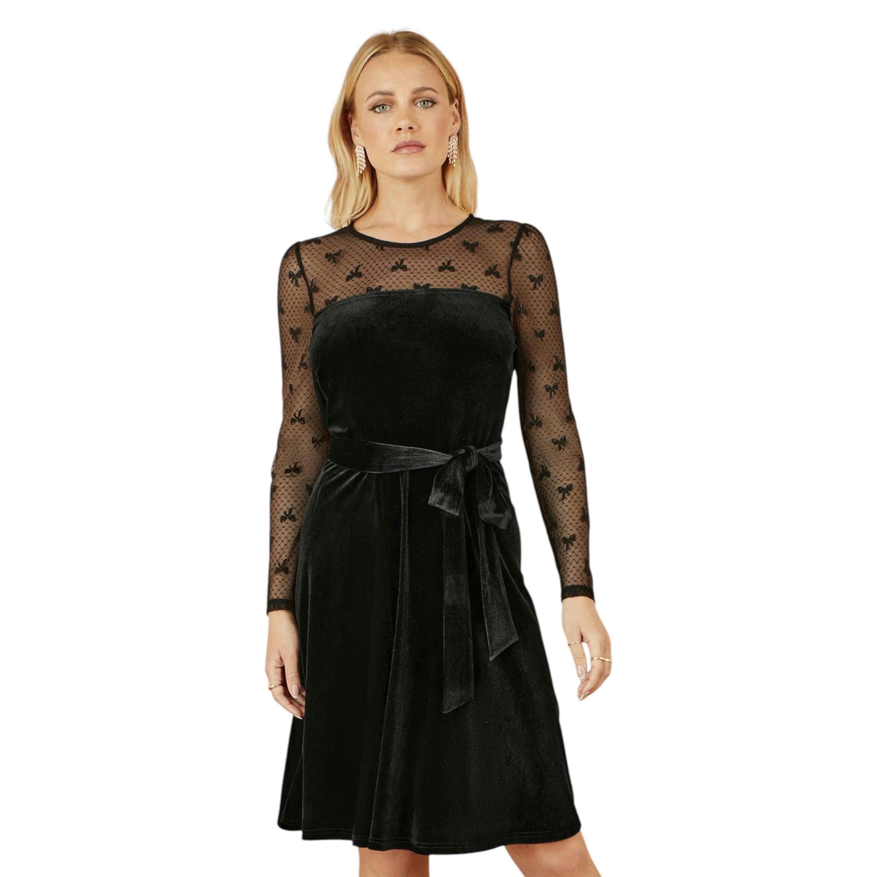 Yumi Black Velvet Skater Dress With Mesh Bow Sleeves , view 1 of 6