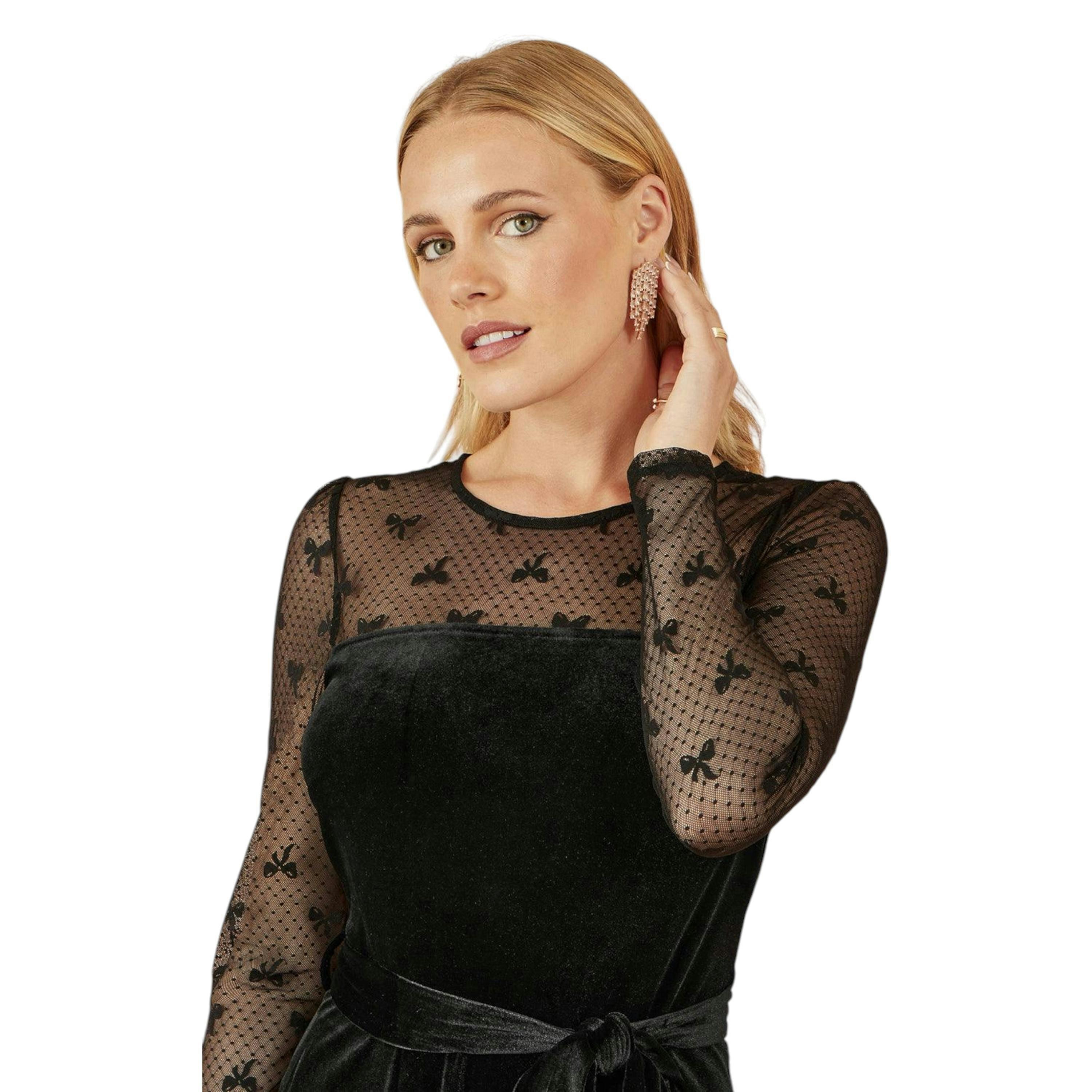Yumi Black Velvet Skater Dress With Mesh Bow Sleeves , view 2 of 6