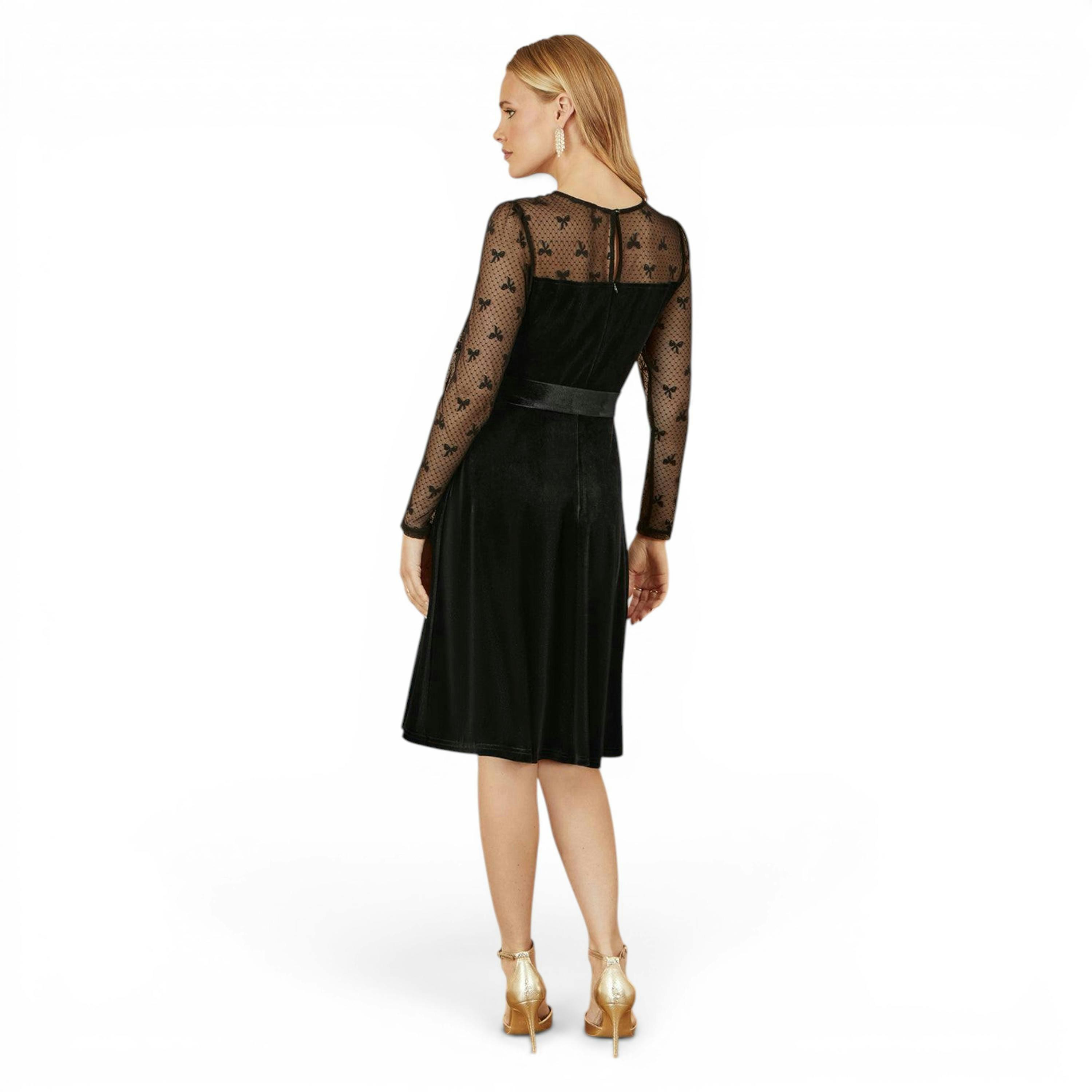 Yumi Black Velvet Skater Dress With Mesh Bow Sleeves , view 4 of 6