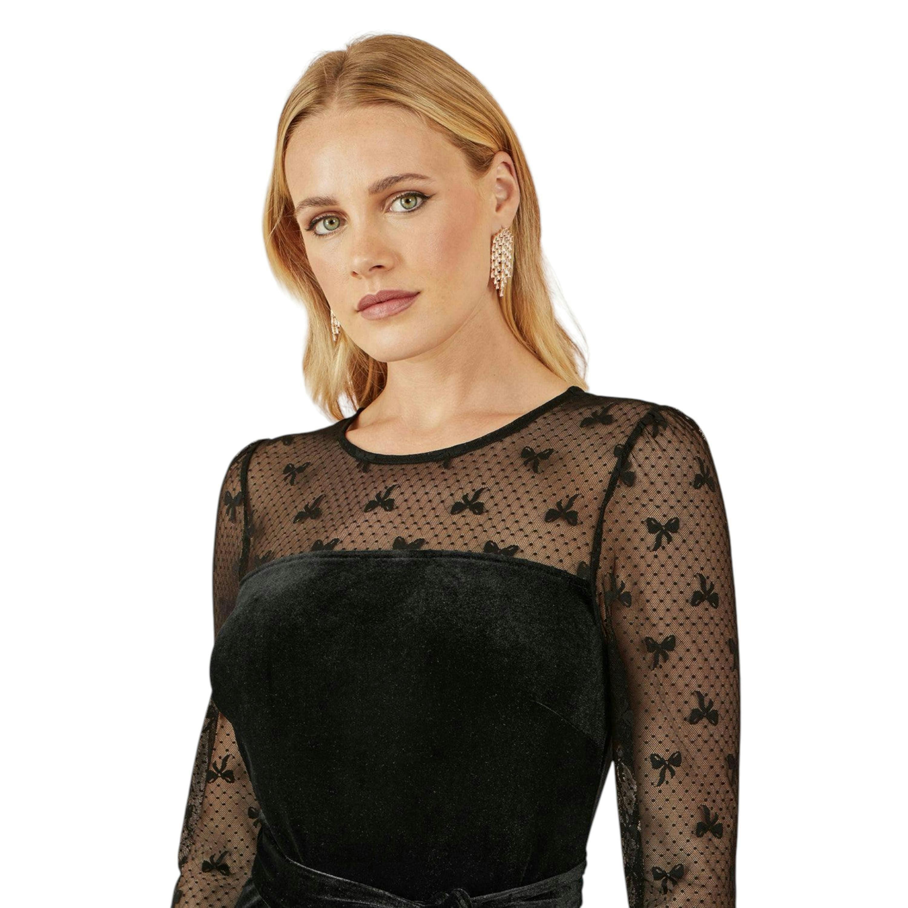 Yumi Black Velvet Skater Dress With Mesh Bow Sleeves , view 5 of 6