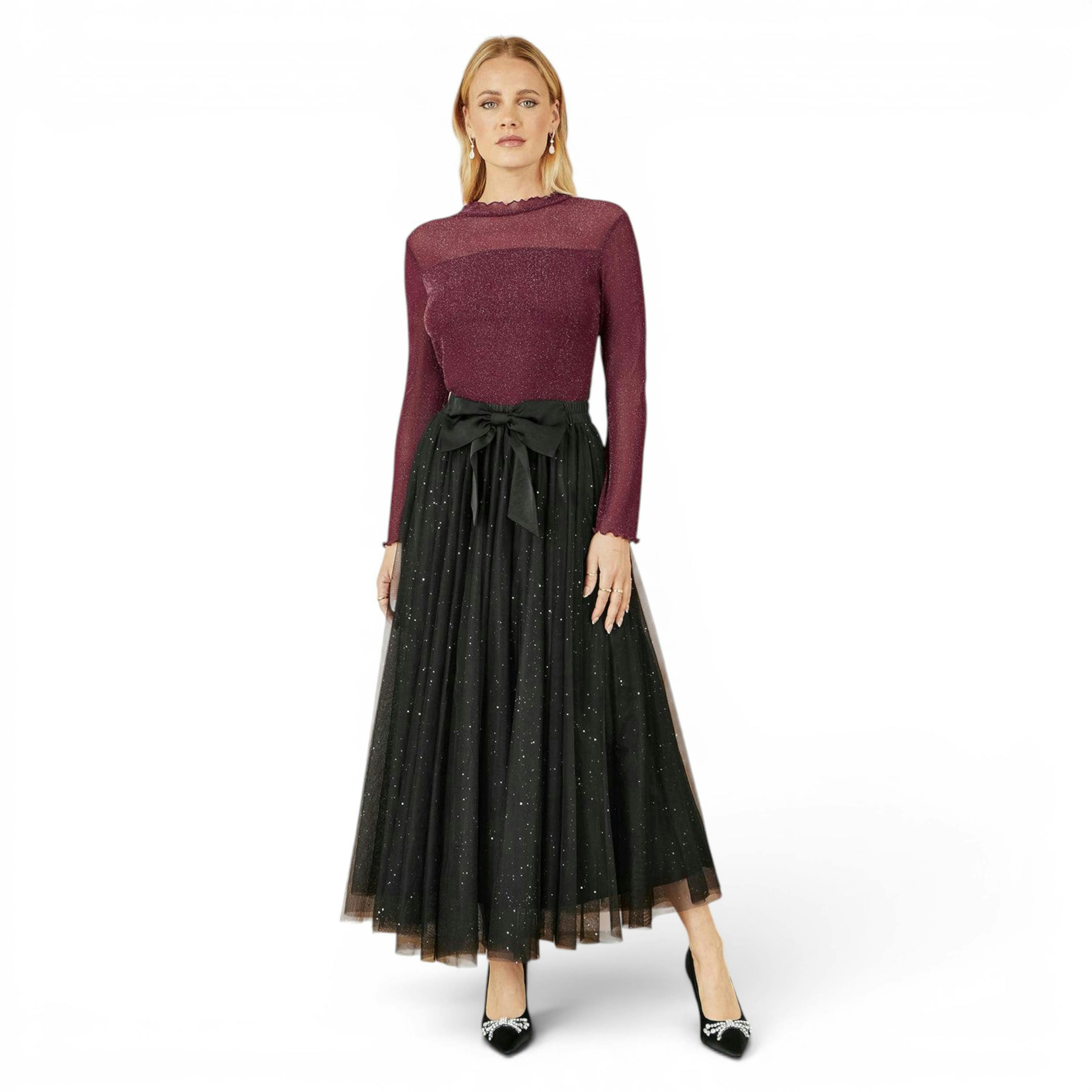 Yumi Black Sparkle Mesh Tulle Skirt With Satin Bow , view 1 of 5