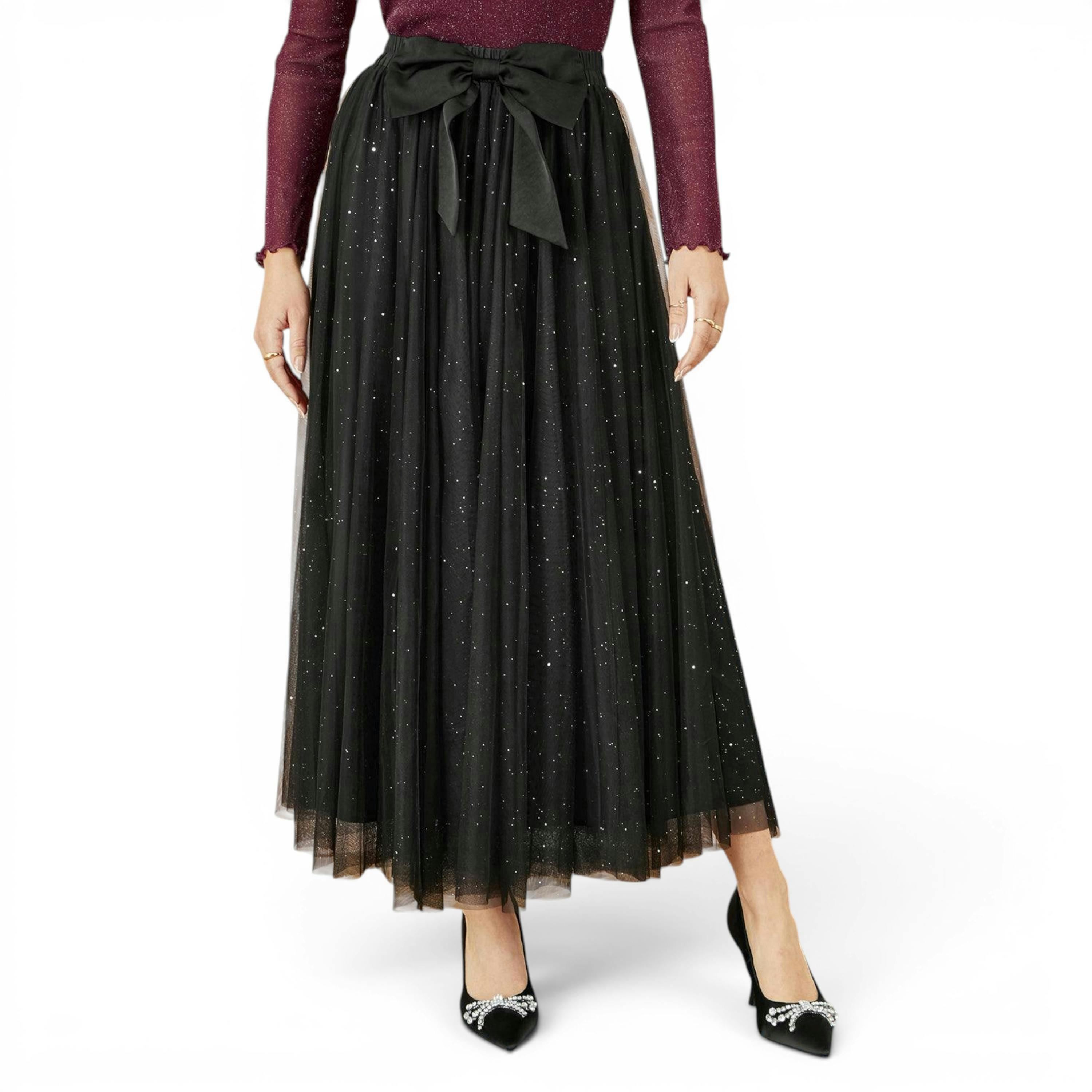 Yumi Black Sparkle Mesh Tulle Skirt With Satin Bow , view 4 of 5